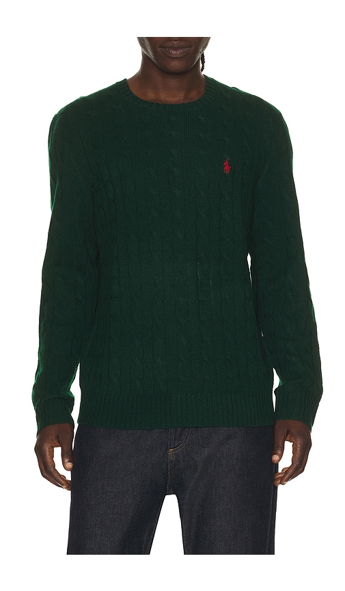 Long Sleeve Wool Cashmere Cable Knit Crewneck Sweater in Dark Green.
