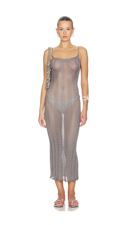 Oliviyah Wavy Knit Midi Dress in Metallic Silver.