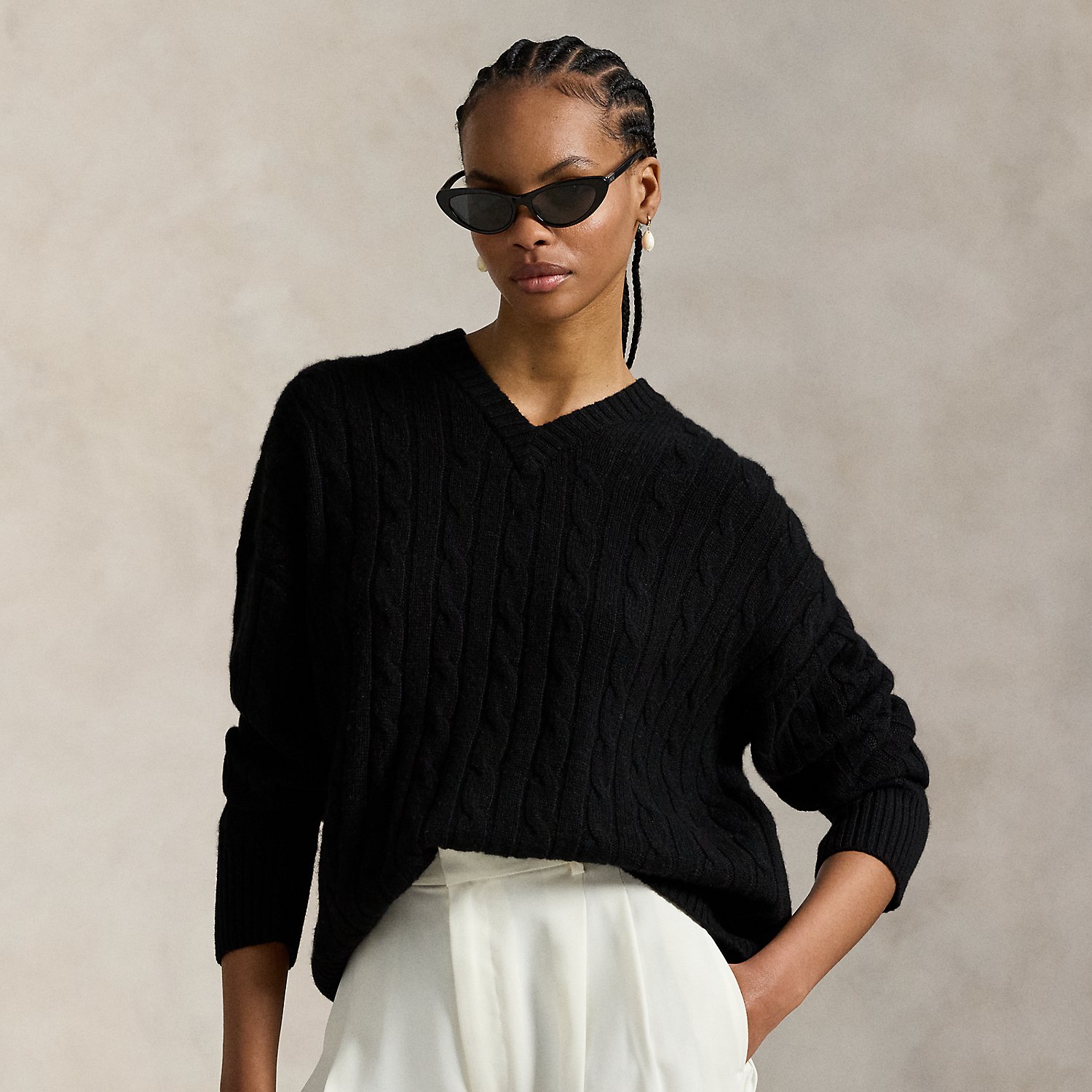 Cable-Knit Cashmere V-Neck Jumper