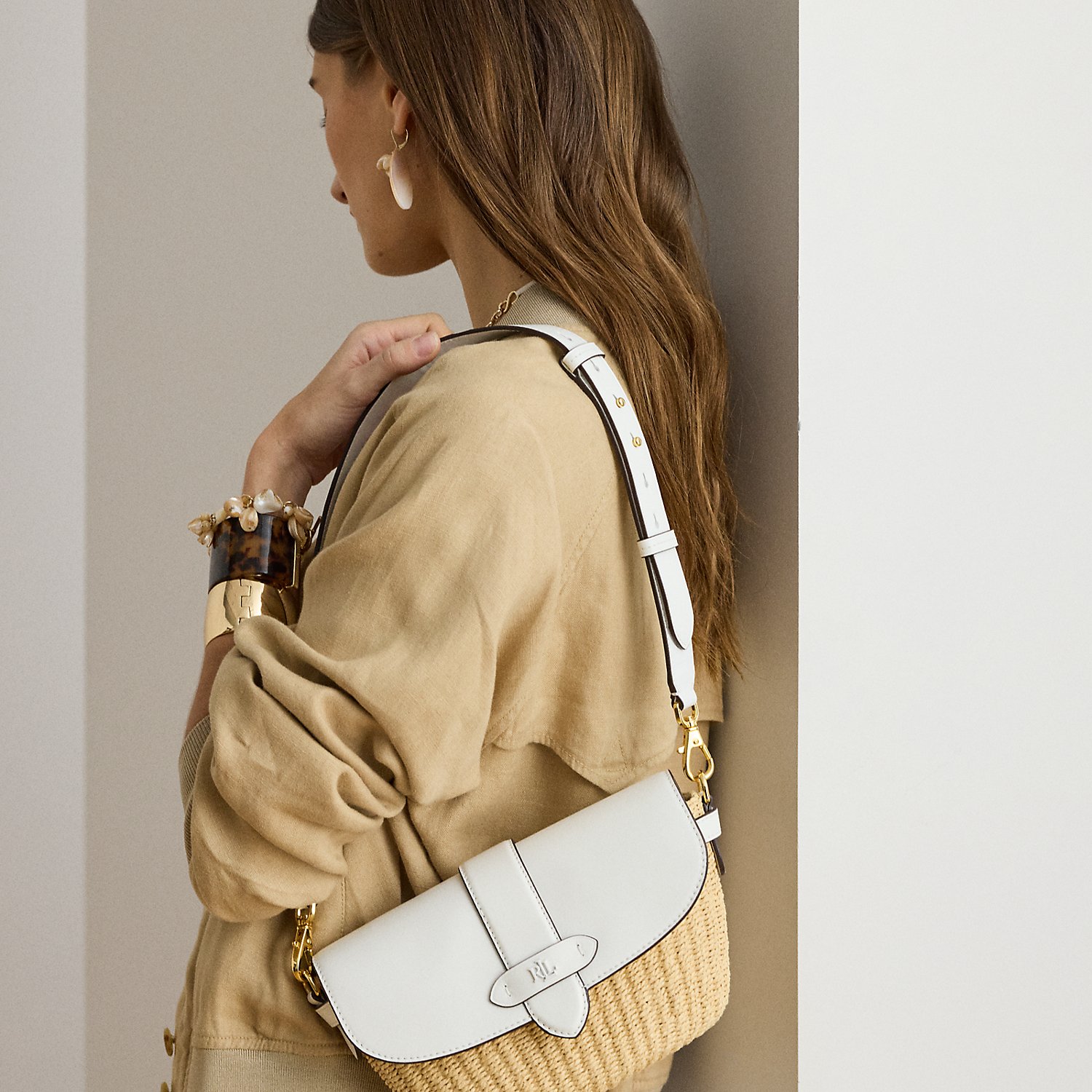 Small Lynden Straw-Leather Shoulder Bag
