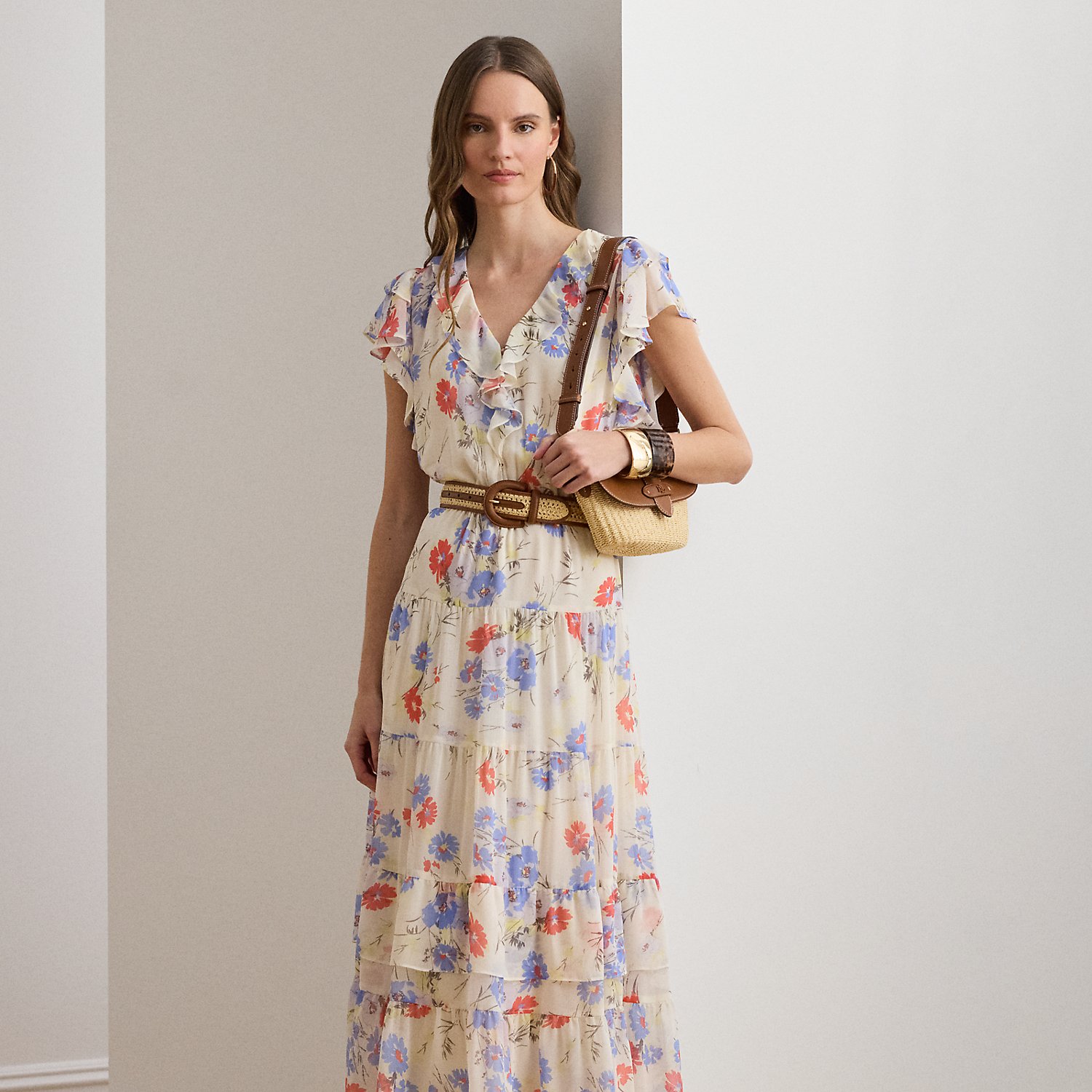 Floral Belted Georgette Tiered Dress