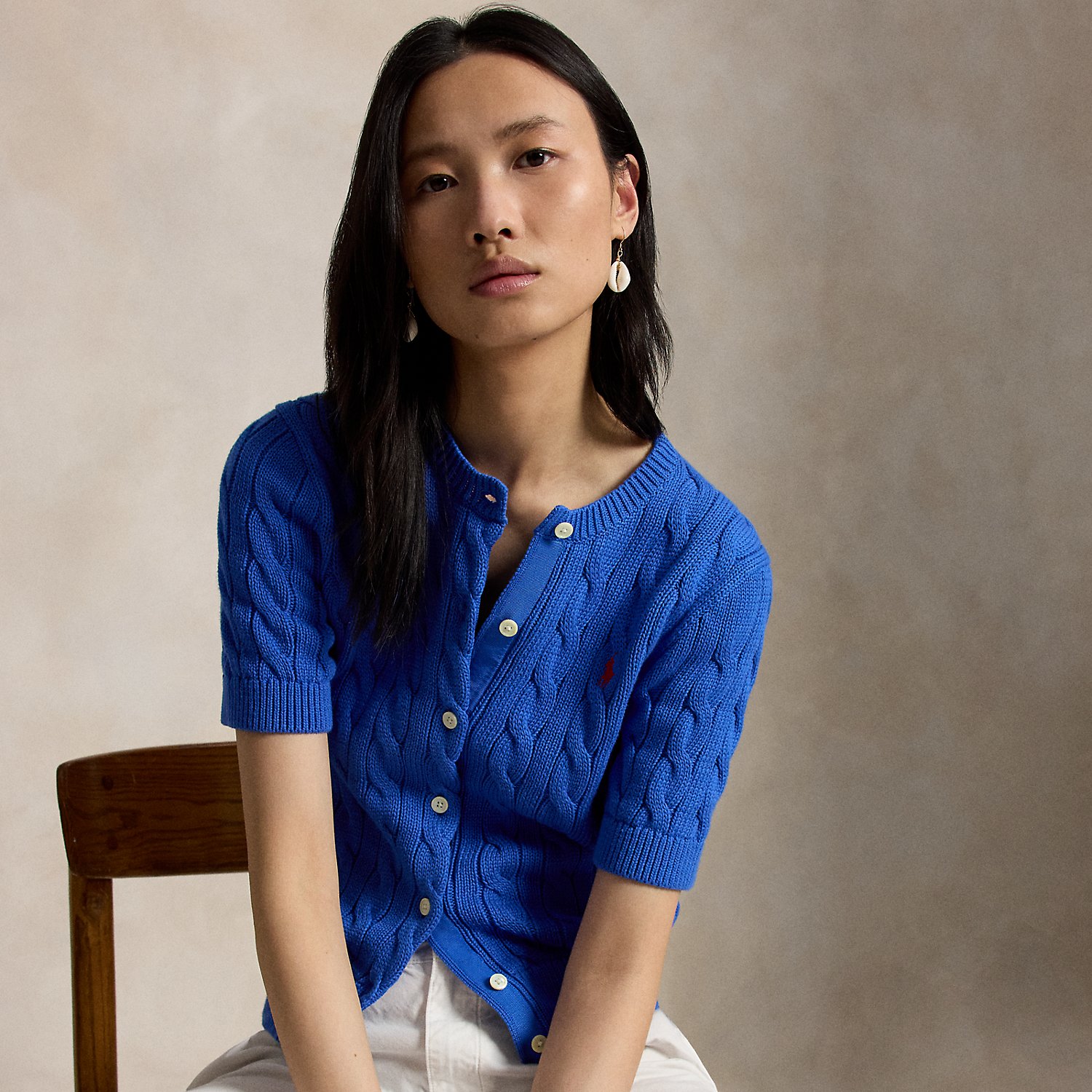 Cable-Knit Cotton Short-Sleeve Cardigan