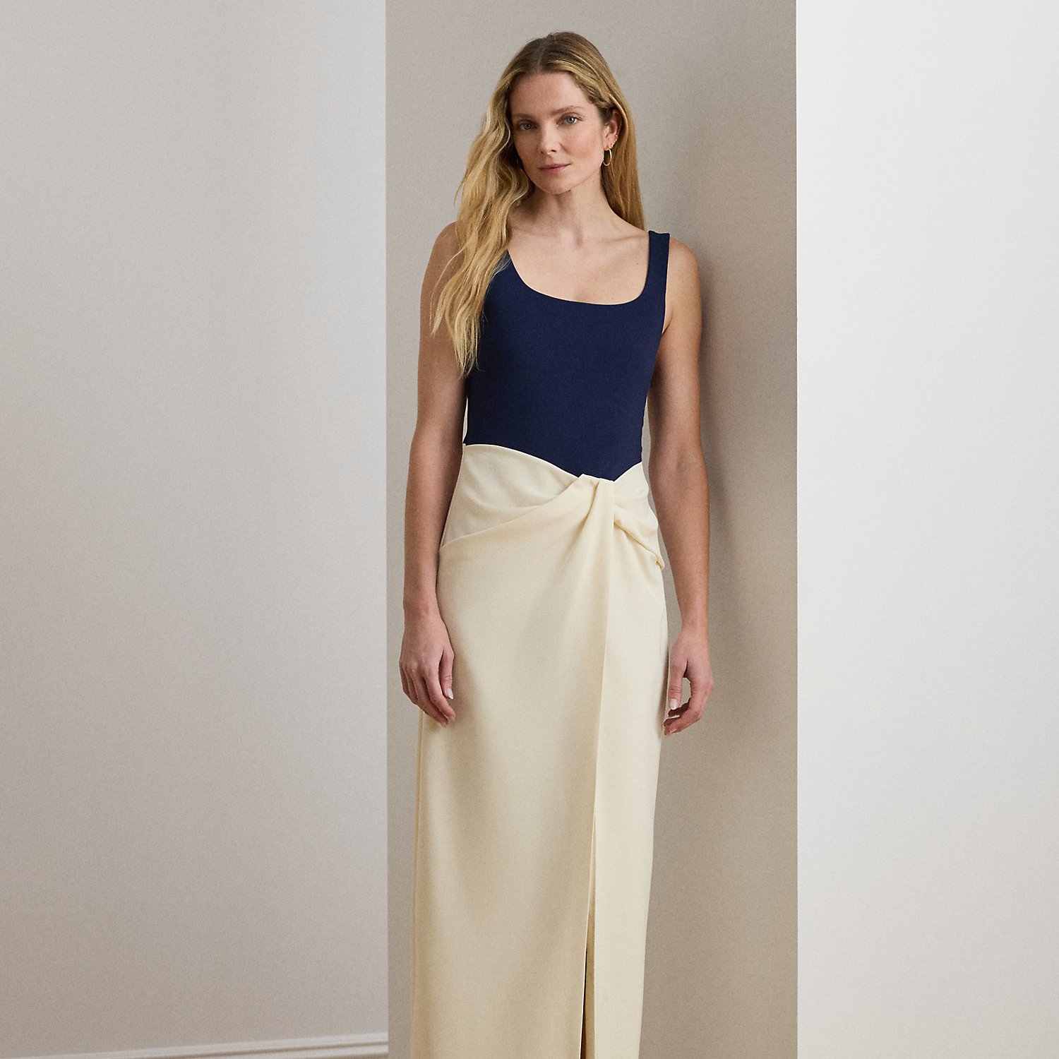 Two-Tone Ottoman & Crepe Sleeveless Gown by Lauren Ralph Lauren