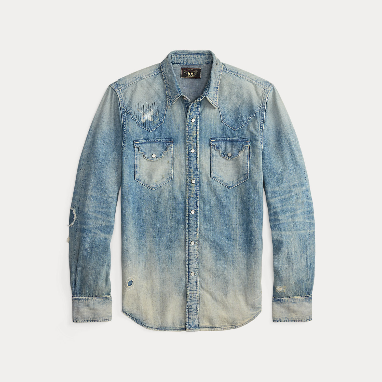 Slim Fit Repaired Denim Western Shirt