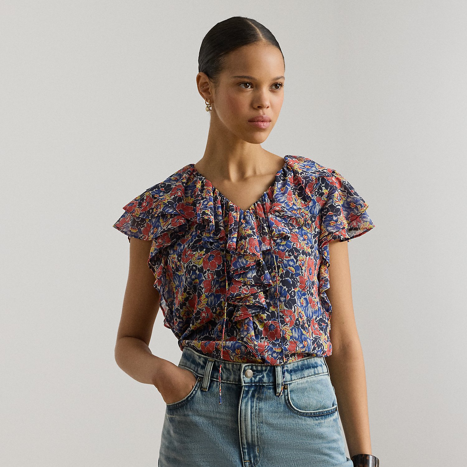Floral Ruffle-Trim Georgette Blouse