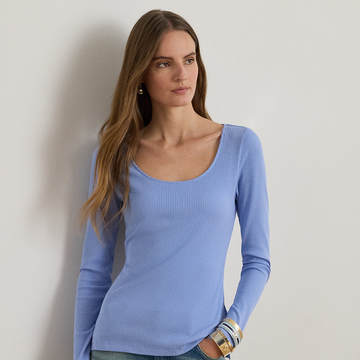 Rib-Knit Long-Sleeve Scoopneck Tee