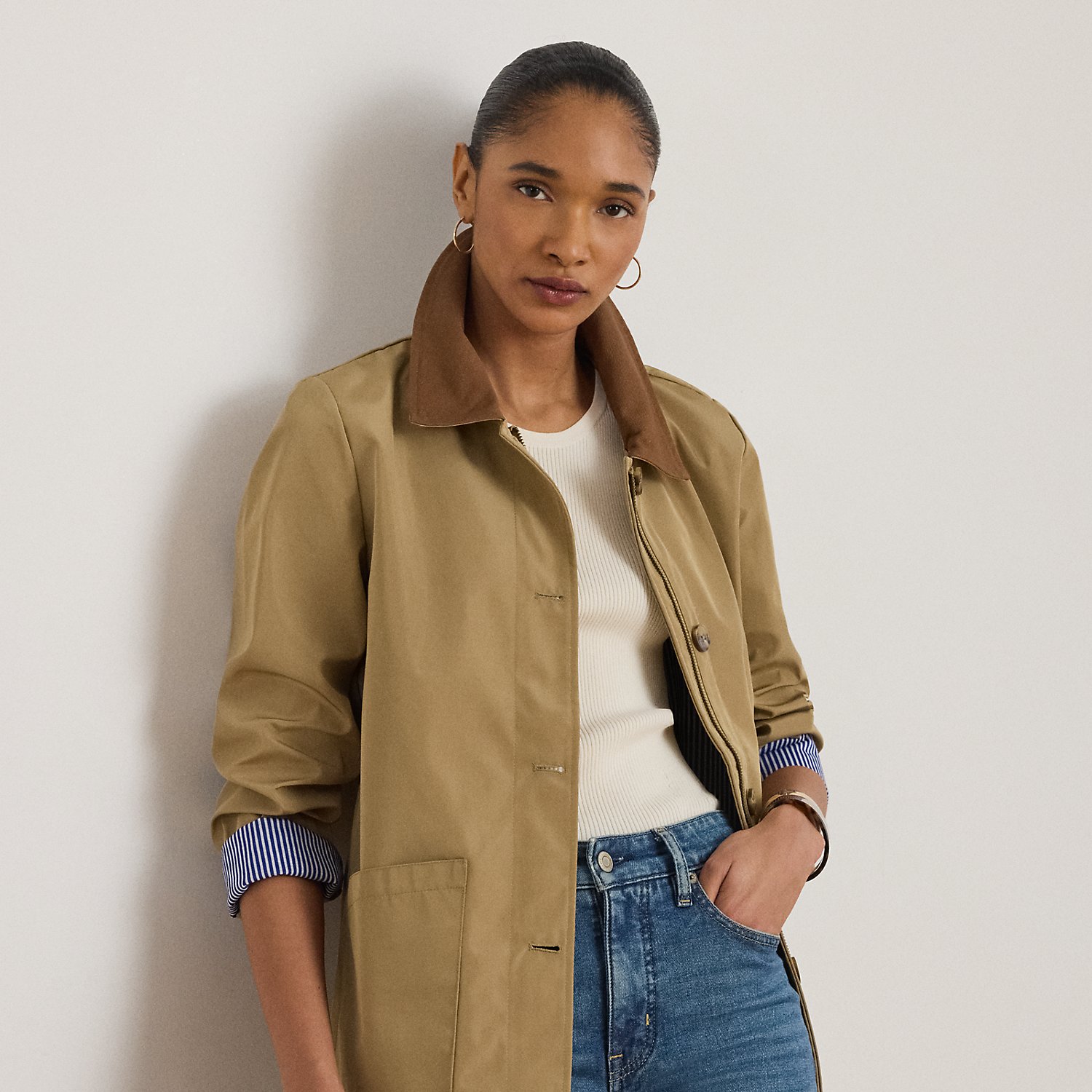 Twill-Trim Bonded Jersey Barn Jacket