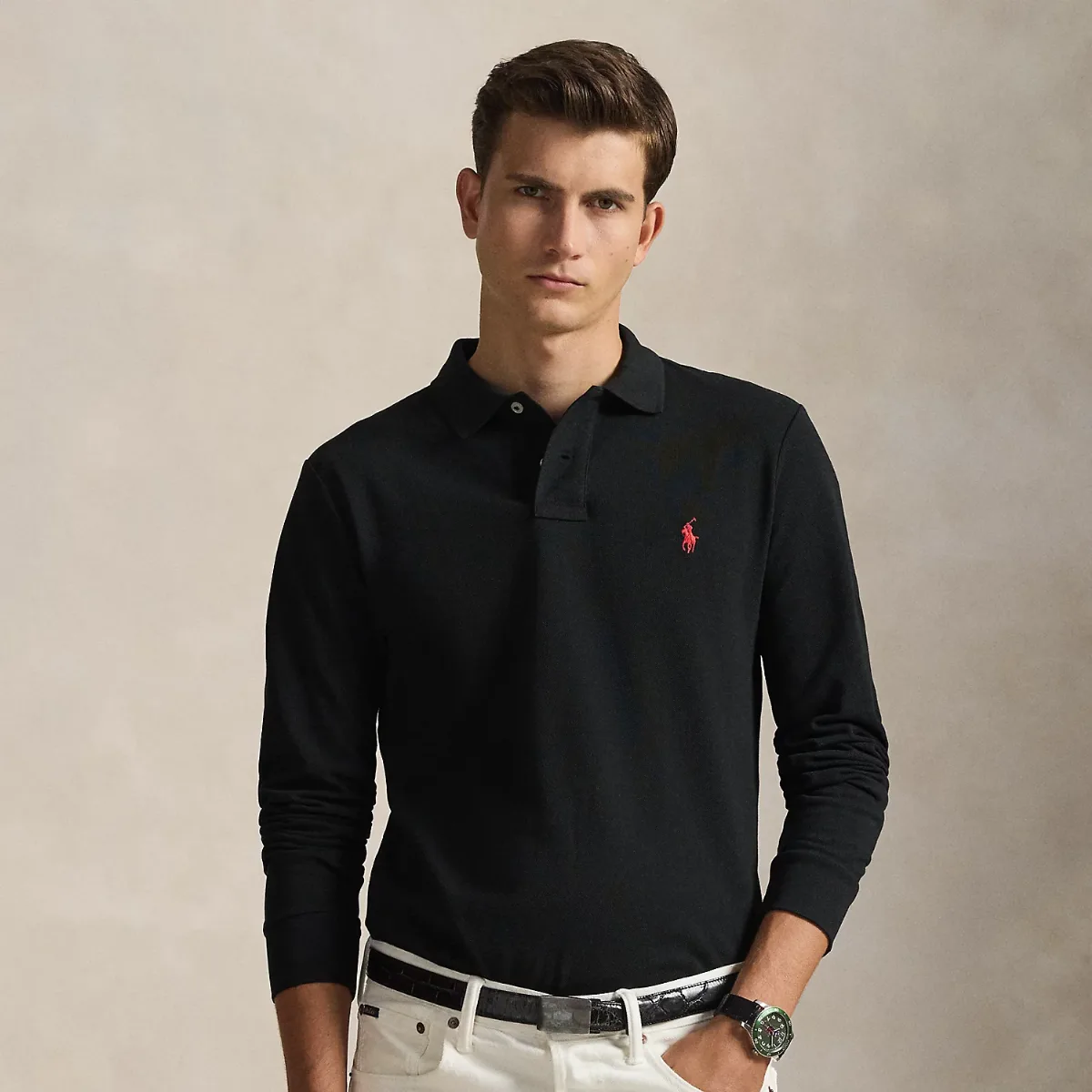 Slim Fit Mesh Long-Sleeve Polo