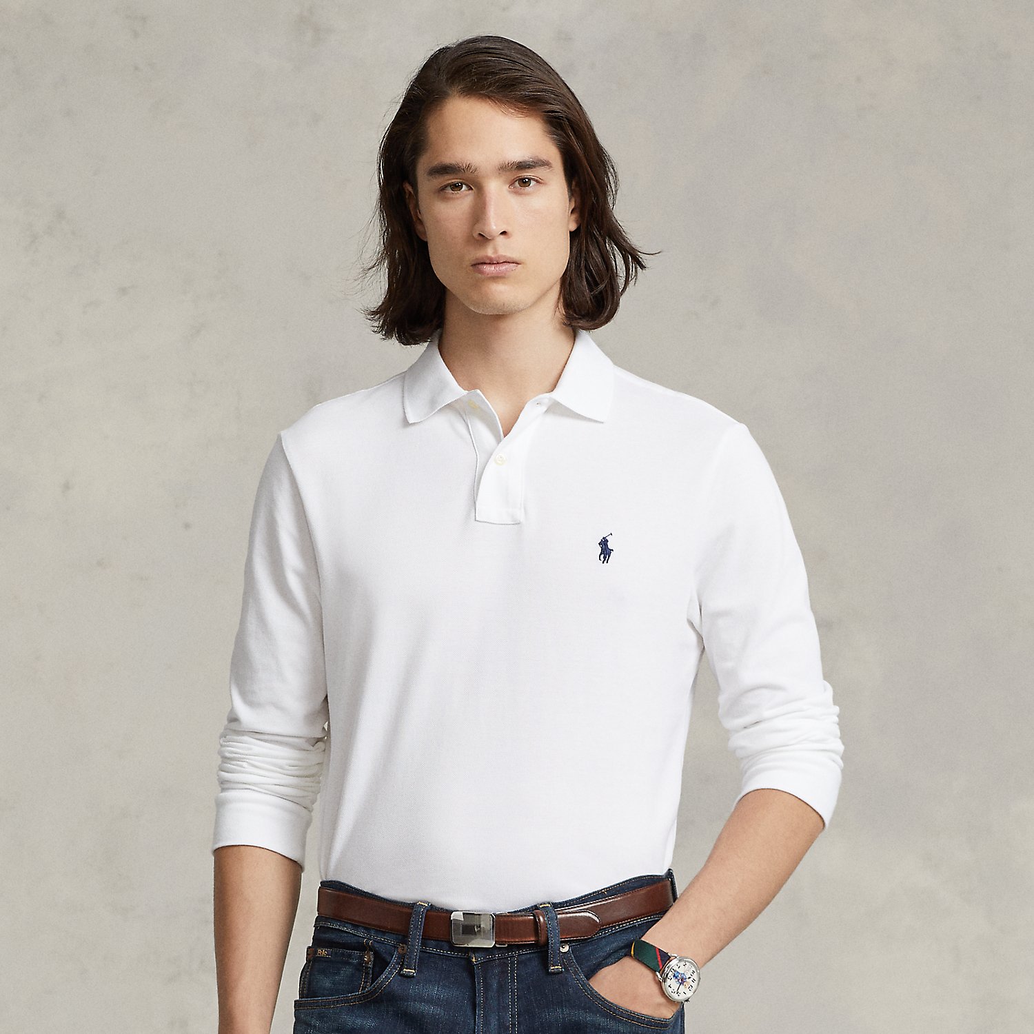 Slim Fit Mesh Long-Sleeve Polo