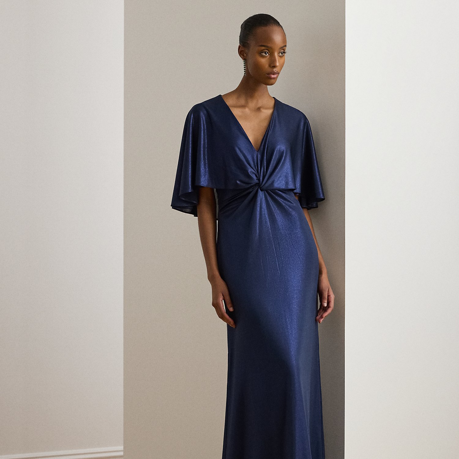 Metallic Jersey Twist-Front Cape Gown