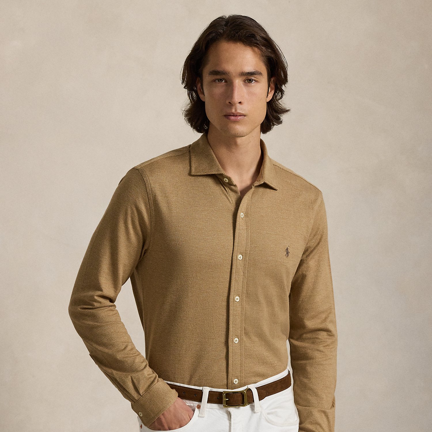 Houndstooth Jersey Spread-Collar Shirt