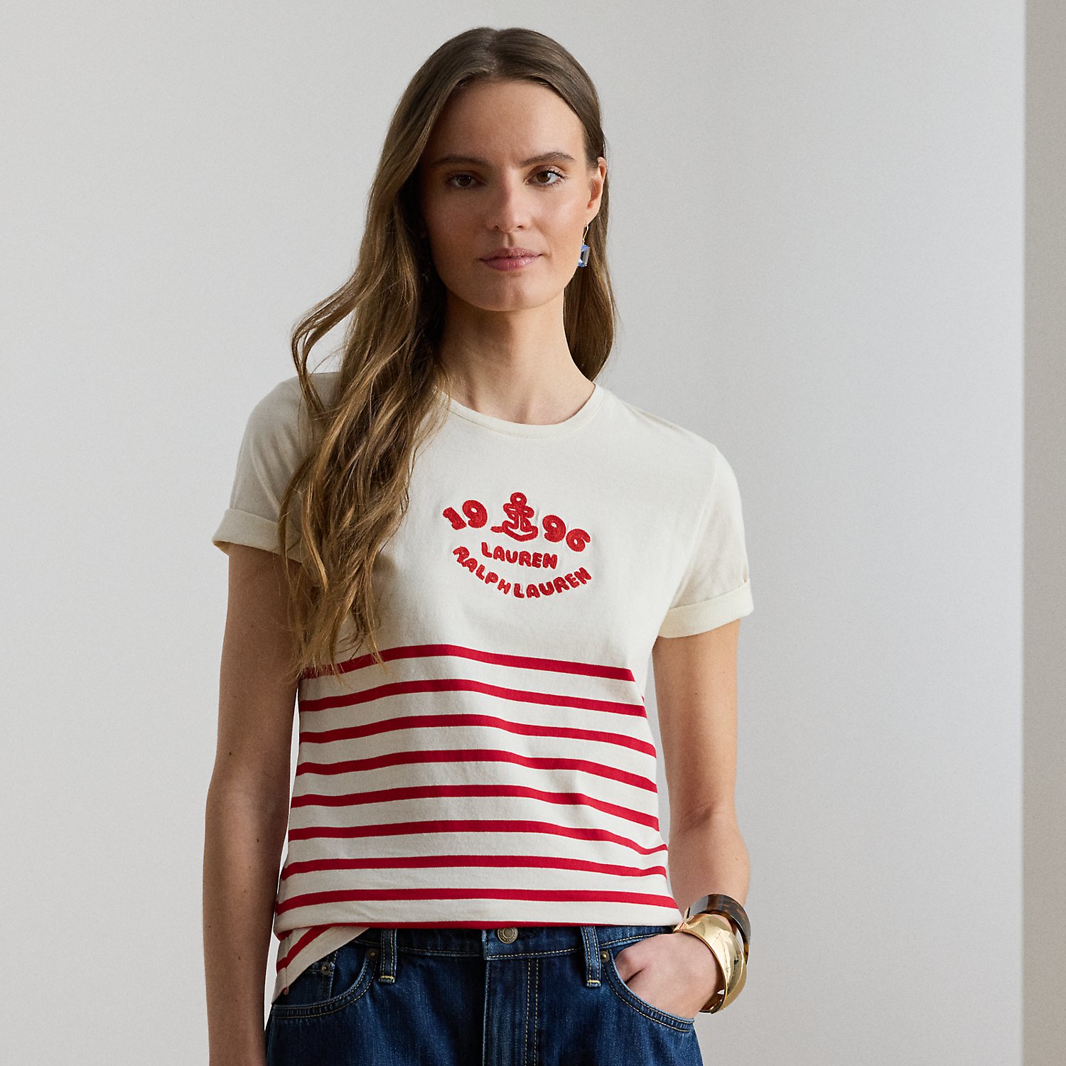Striped Embroidered-Logo Jersey Tee by Lauren Ralph Lauren