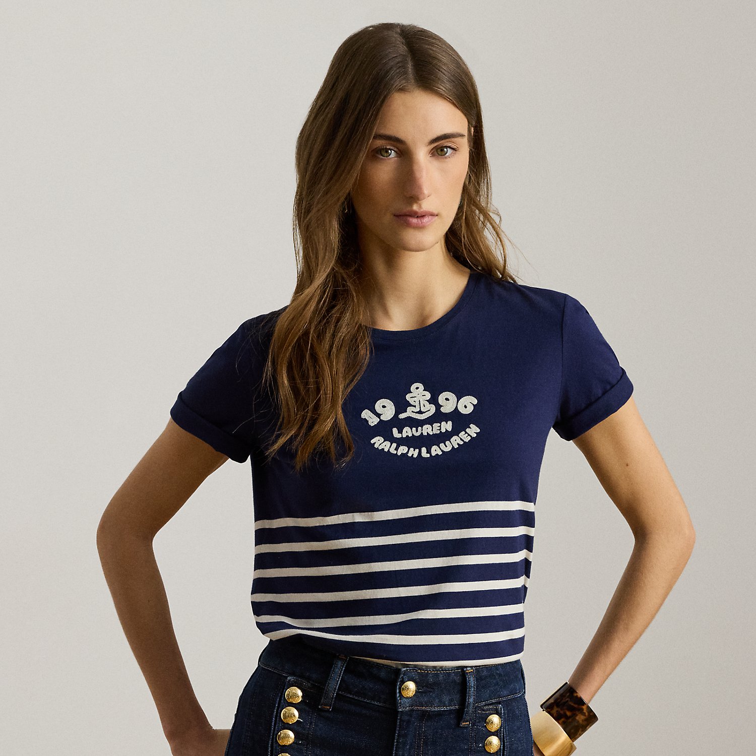 Striped Embroidered-Logo Jersey Tee