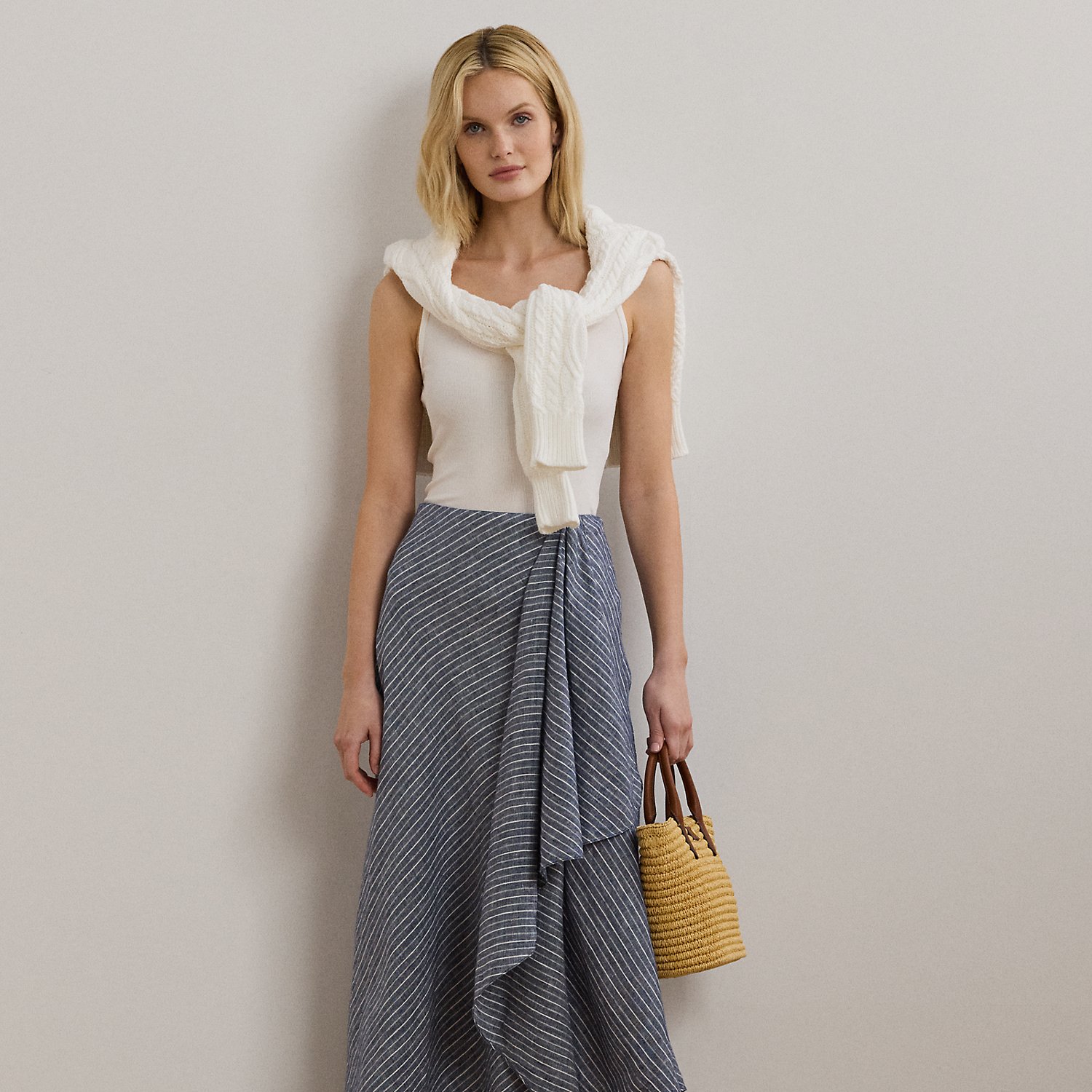 Striped Linen A-Line Midi Skirt