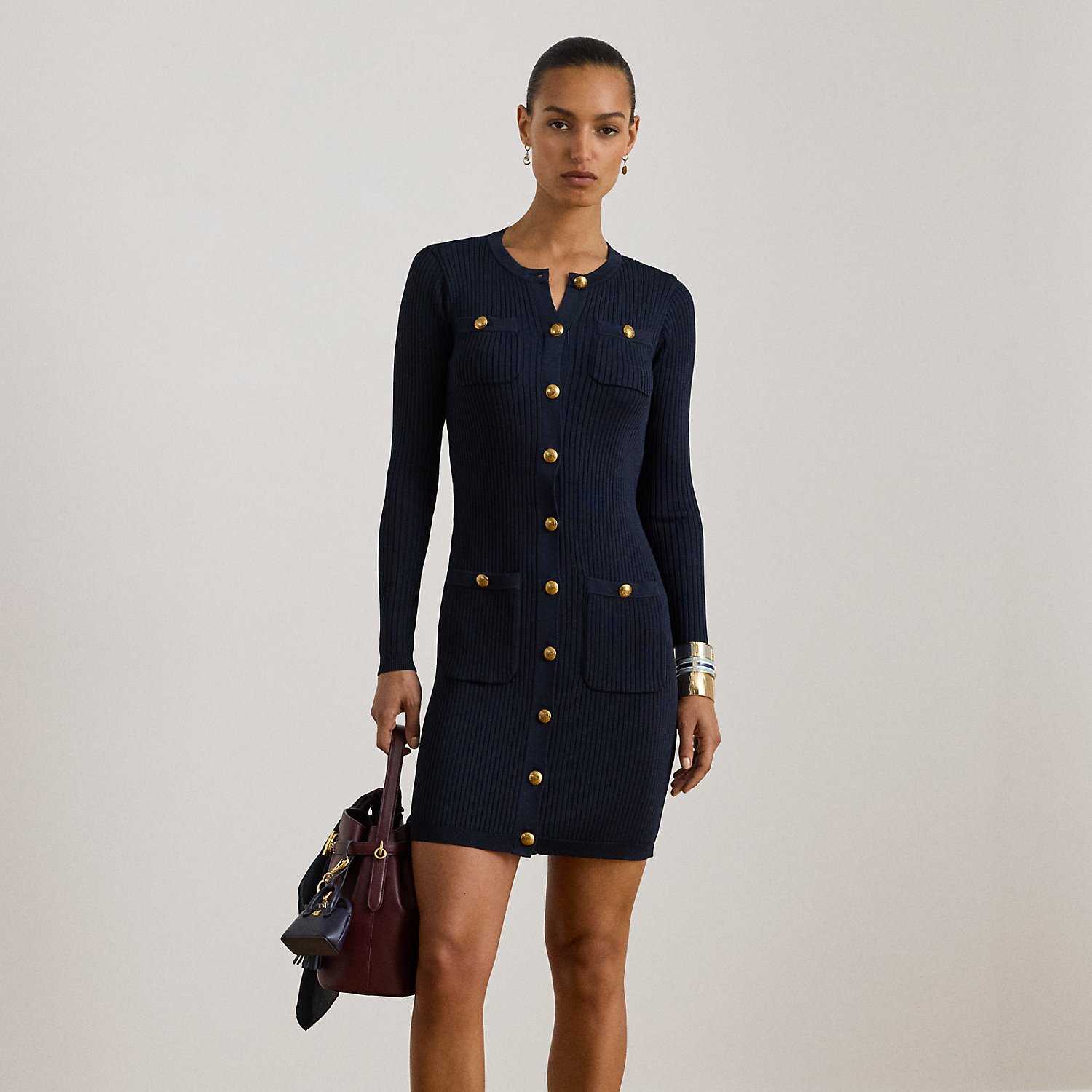 Button-Trim Rib-Knit Jumper Dress