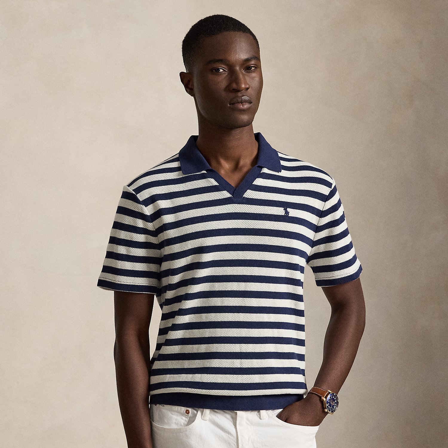 Striped Pointelle-Ribbed Polo Shirt