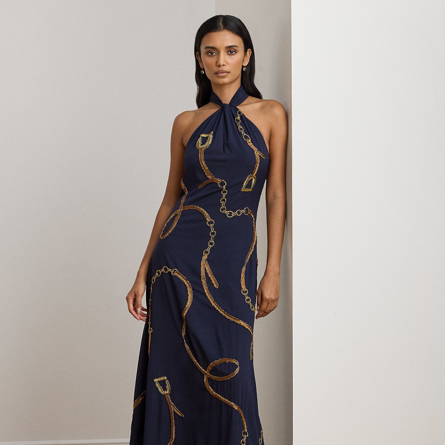 Belting-Motif Sequined Crepe Halter Gown