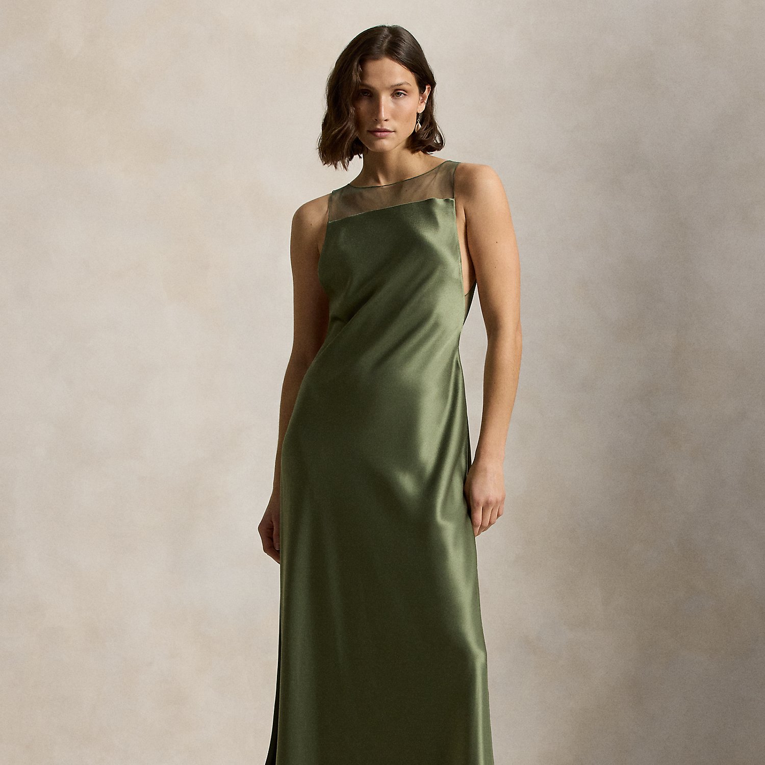 Sheer-Panel Satin Dress
