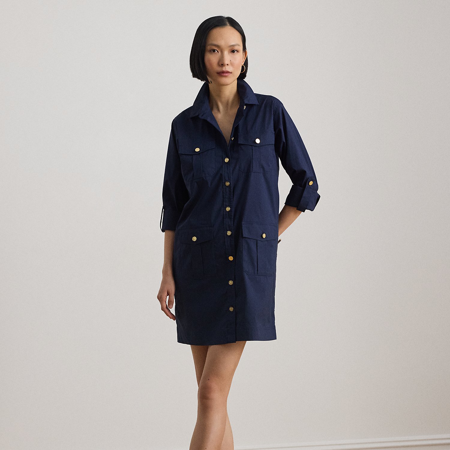 Cotton-Blend Roll-Tab-Sleeve Shirtdress