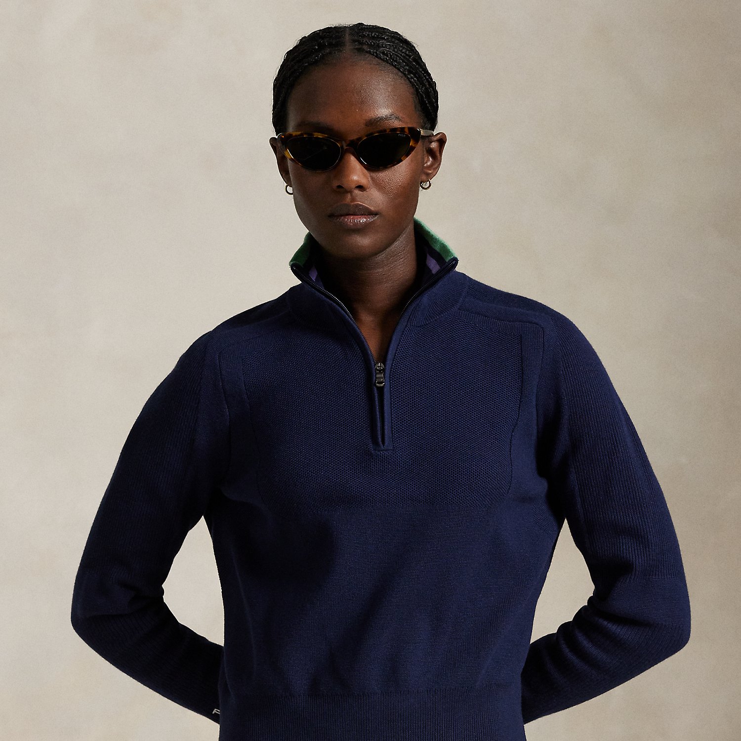 Striped-Trim Quarter-Zip