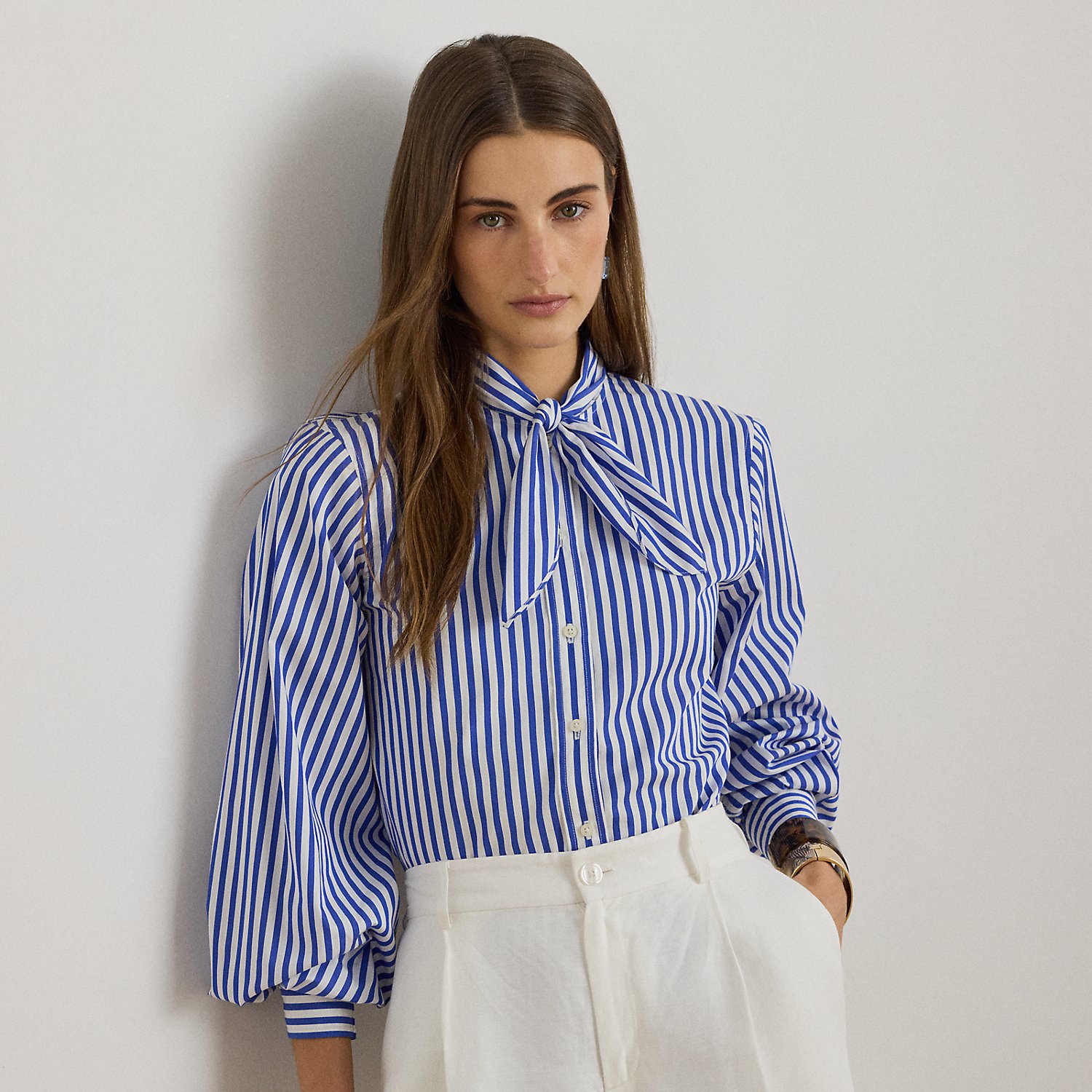 Striped Cotton Broadcloth Tie-Neck Shirt