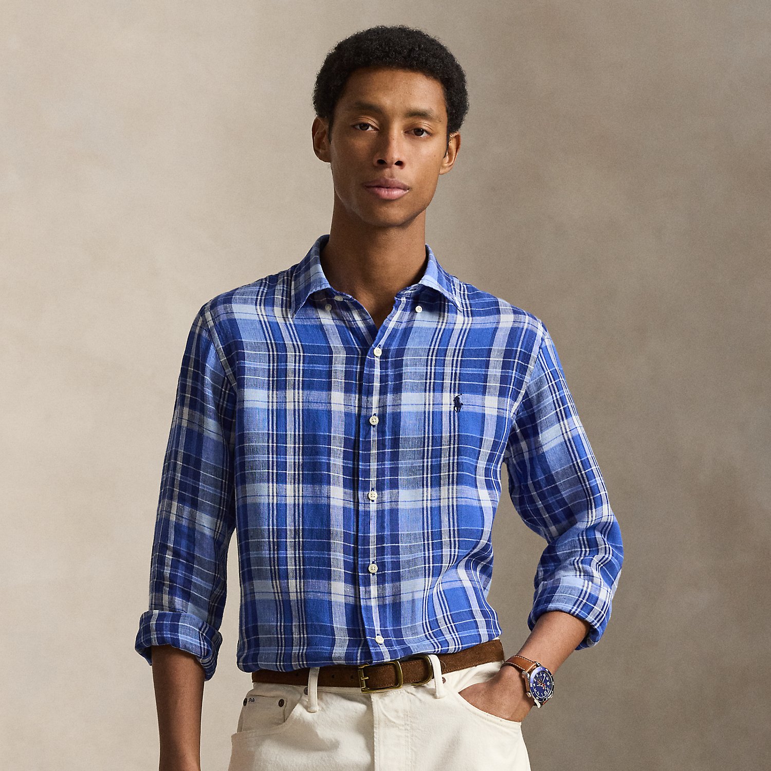 Custom Fit Plaid Linen Shirt by Polo Ralph Lauren