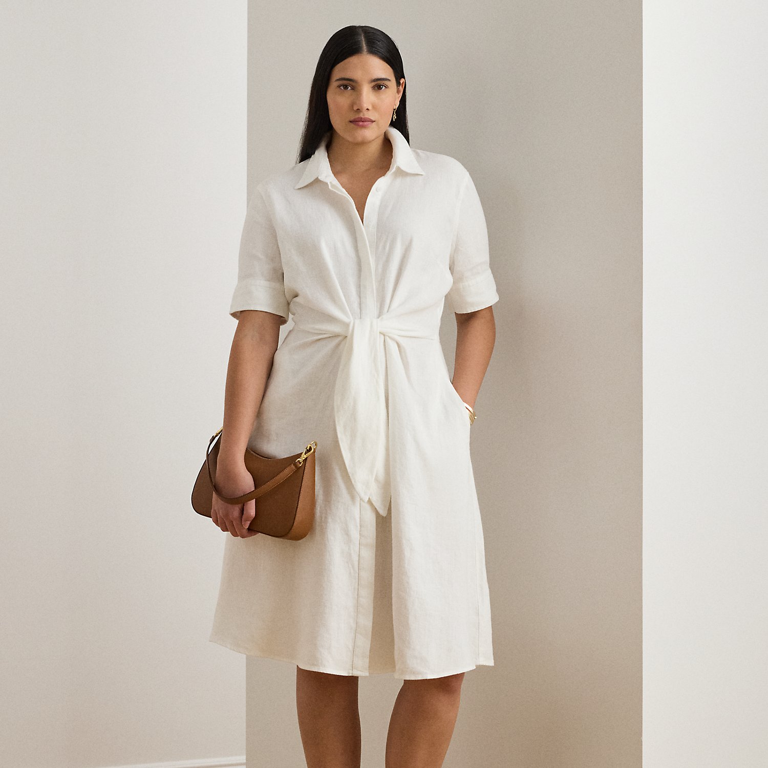 Curve - Tie-Front Linen Shirtdress