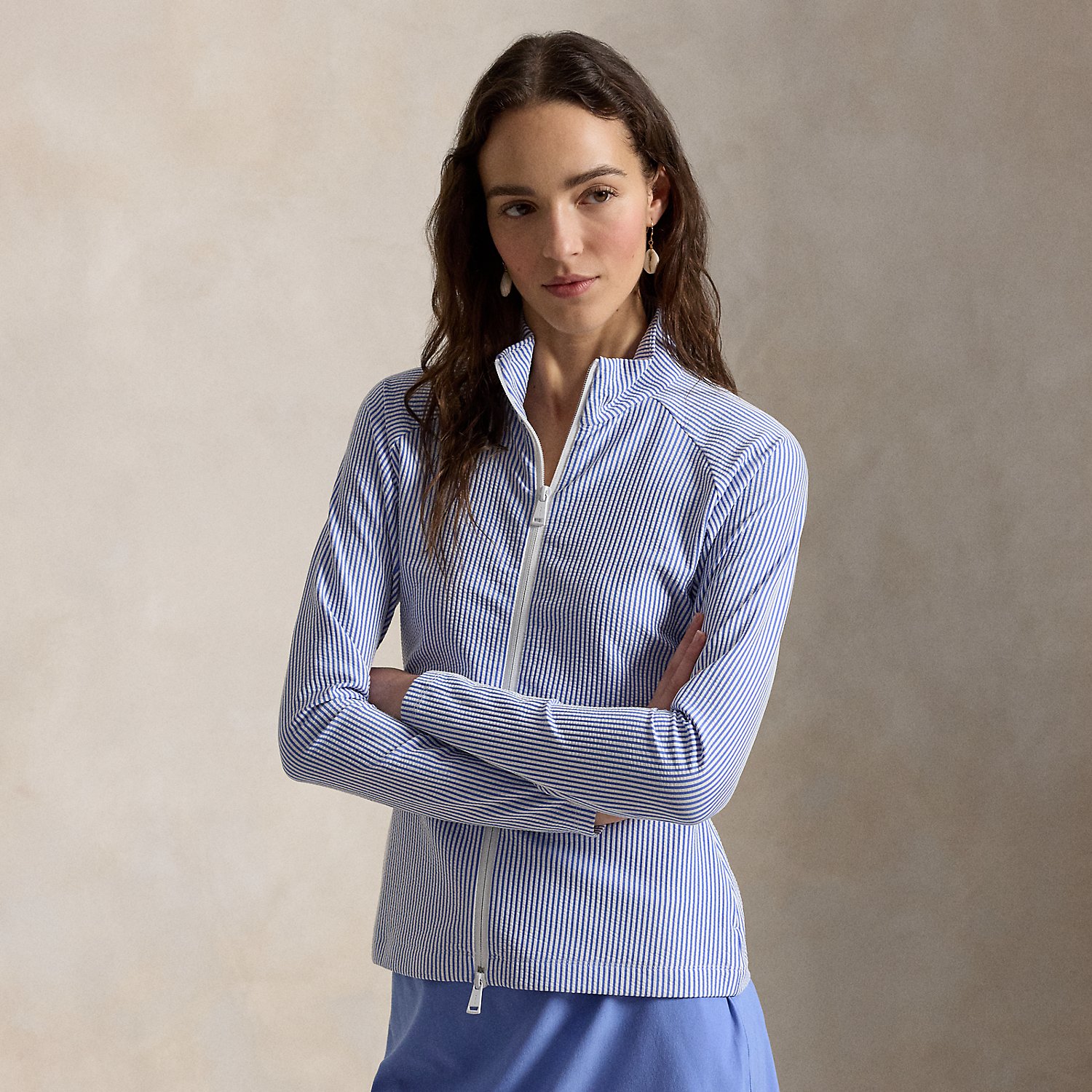 Seersucker Mockneck Zip Jacket