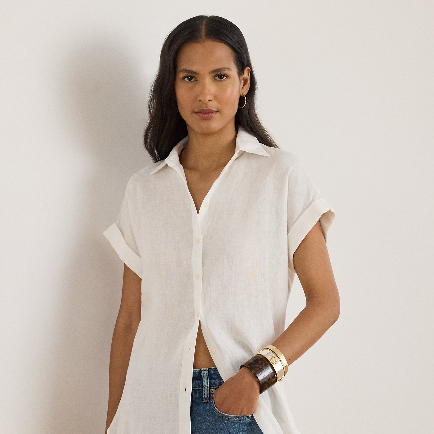 Petite - Relaxed Fit Linen Short-Sleeve Shirt