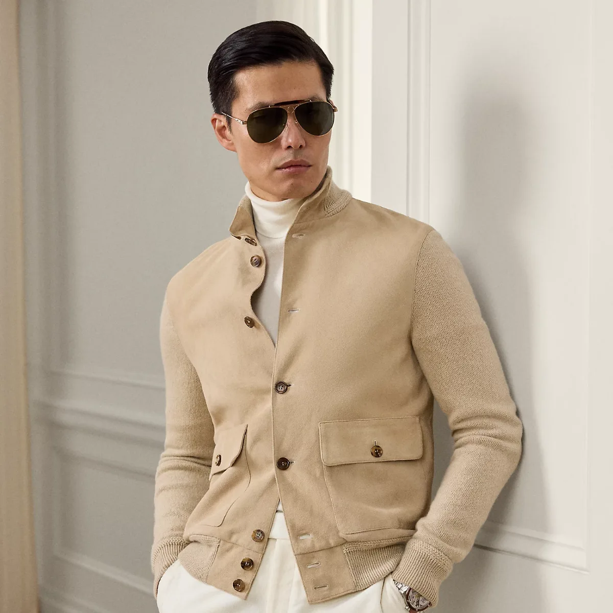 Suede-Front Cashmere Cardigan by Ralph Lauren Purple Label