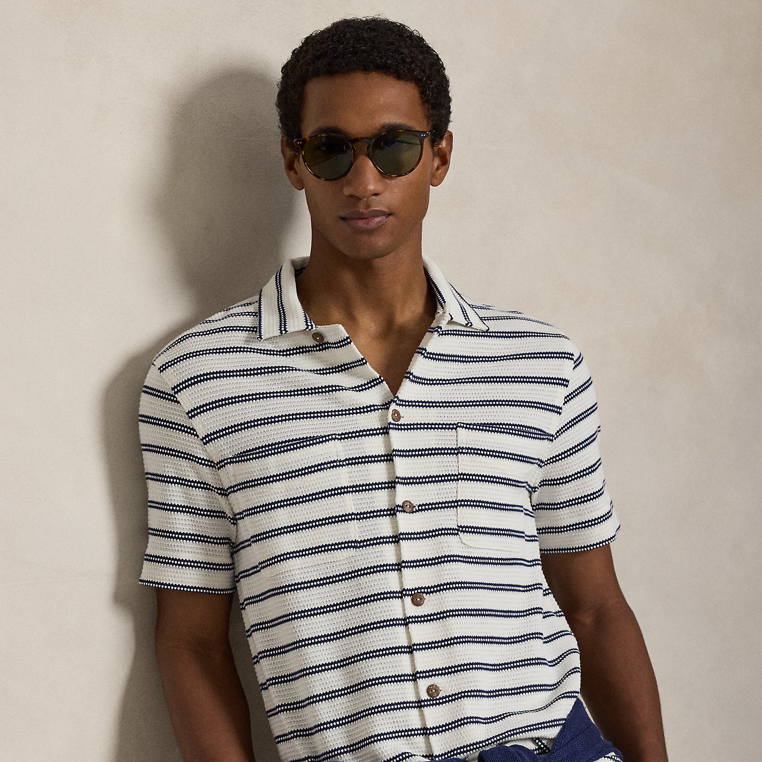 Striped Pointelle-Jersey Camp Shirt