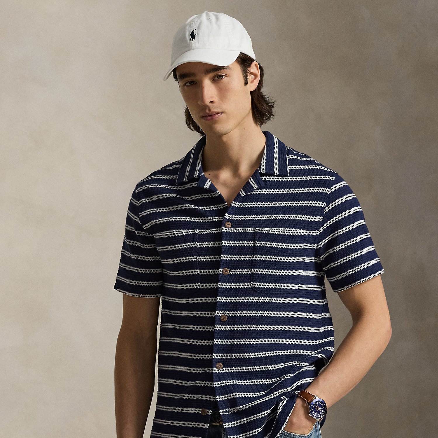 Striped Pointelle-Jersey Camp Shirt