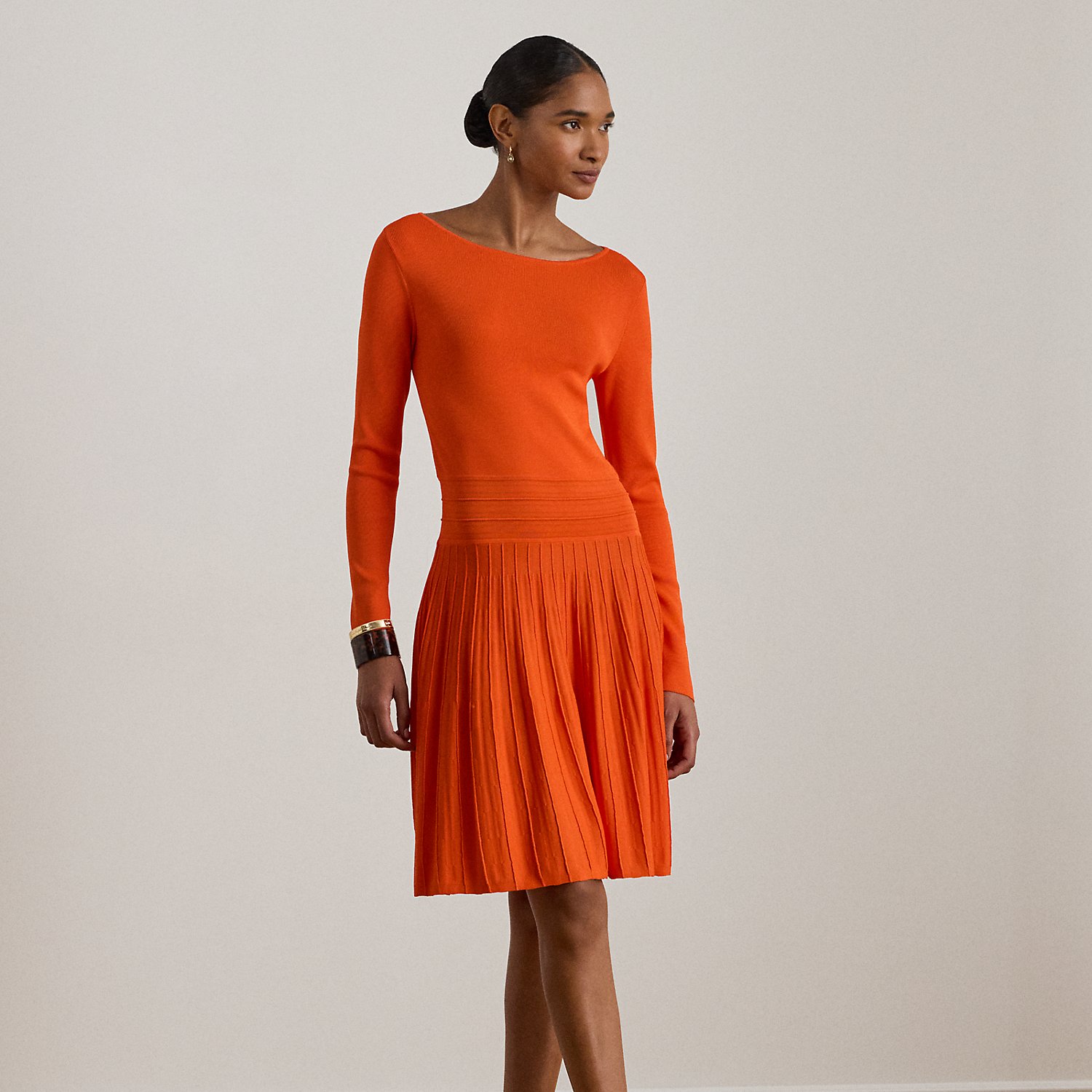 Pleated Fit-and-Flare Boatneck Dress