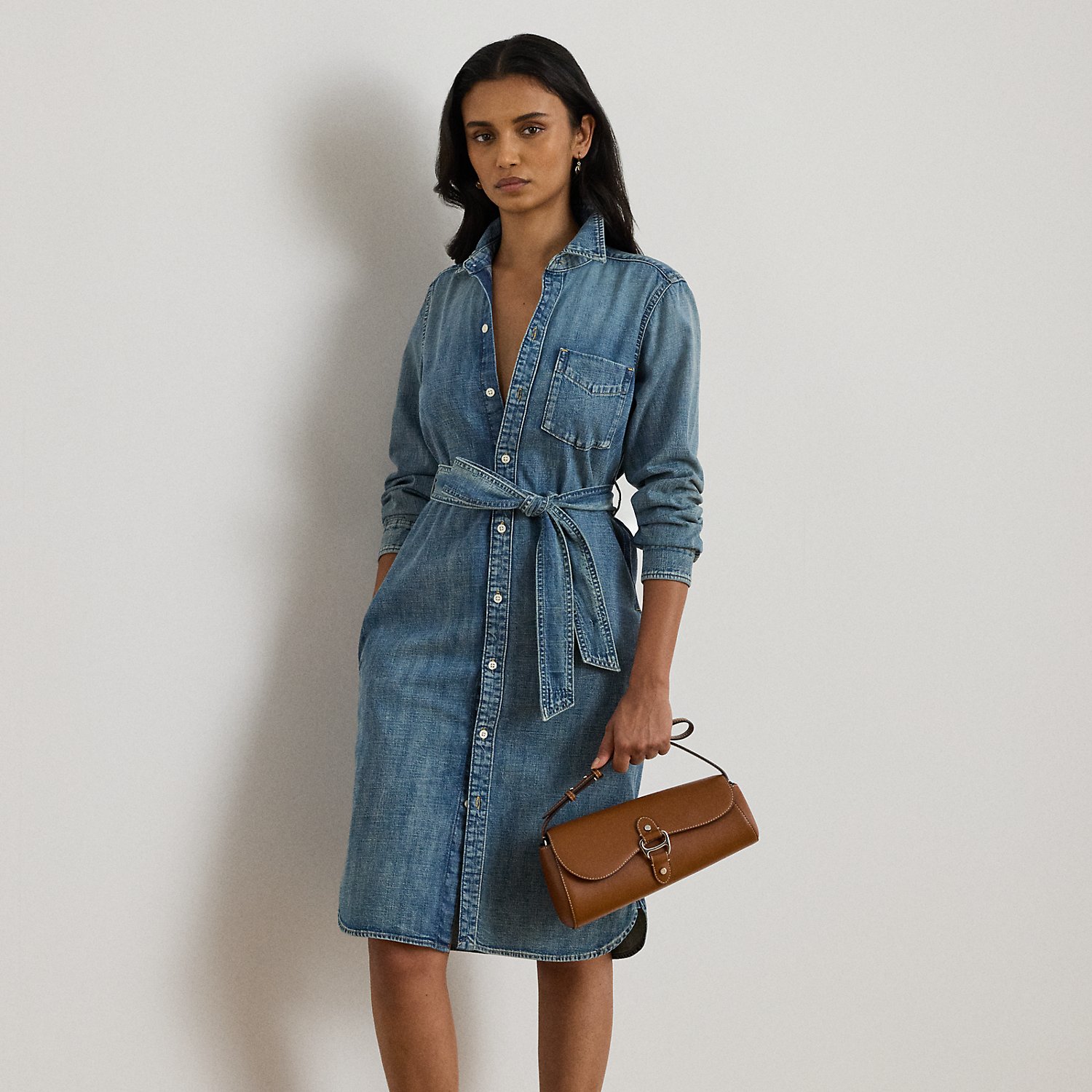 Petite - Belted Denim Shirtdress