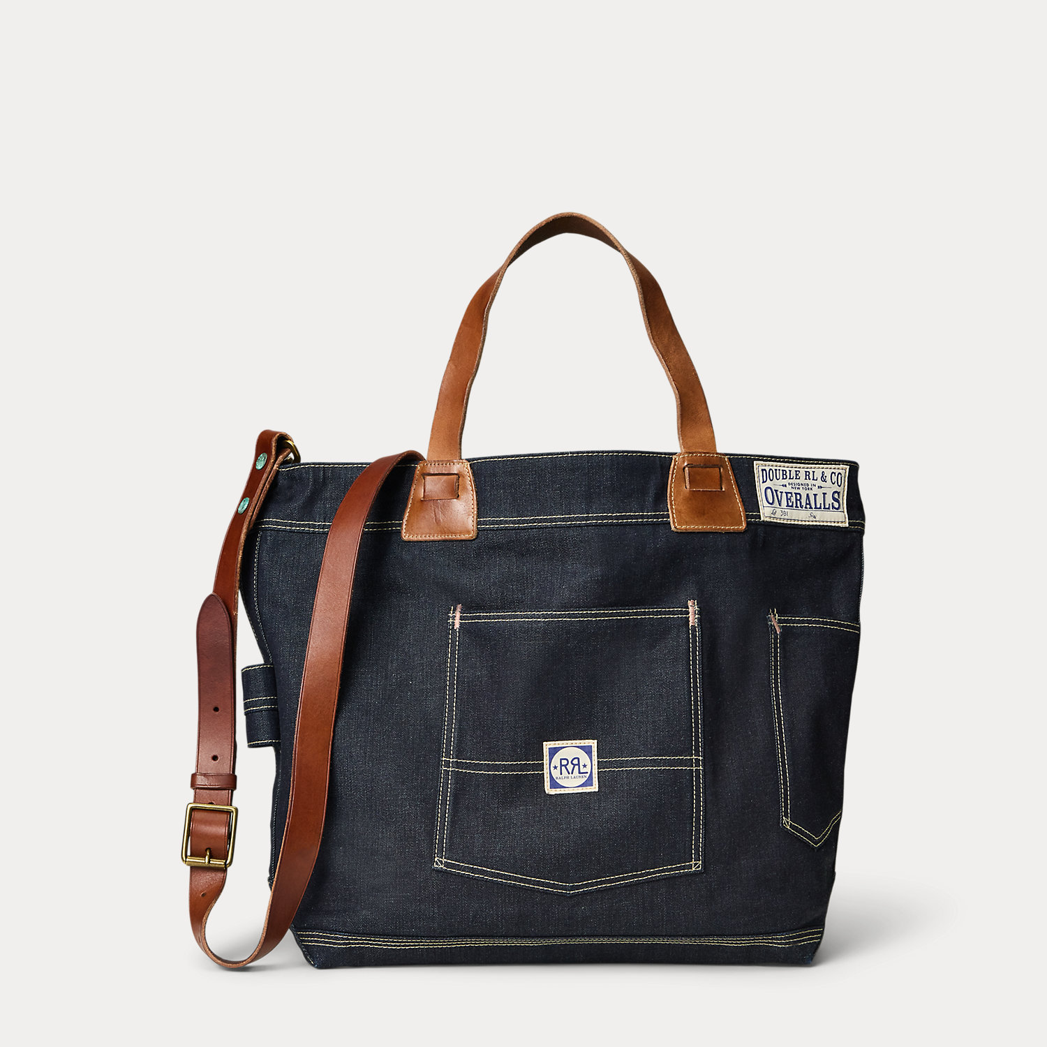 Leather-Trim Indigo Denim Tote