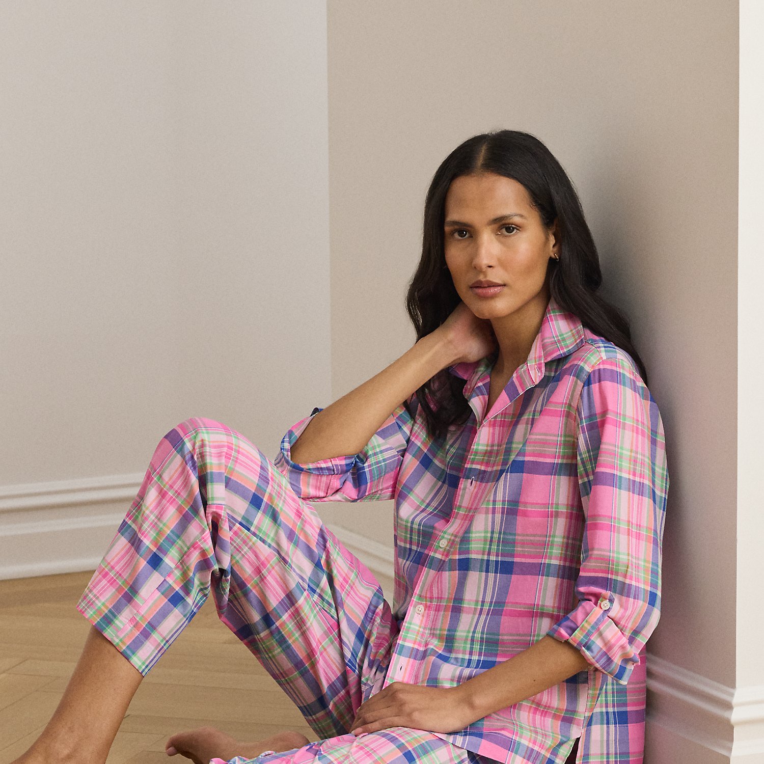 Plaid Lawn Roll-Tab-Sleeve Sleep Set