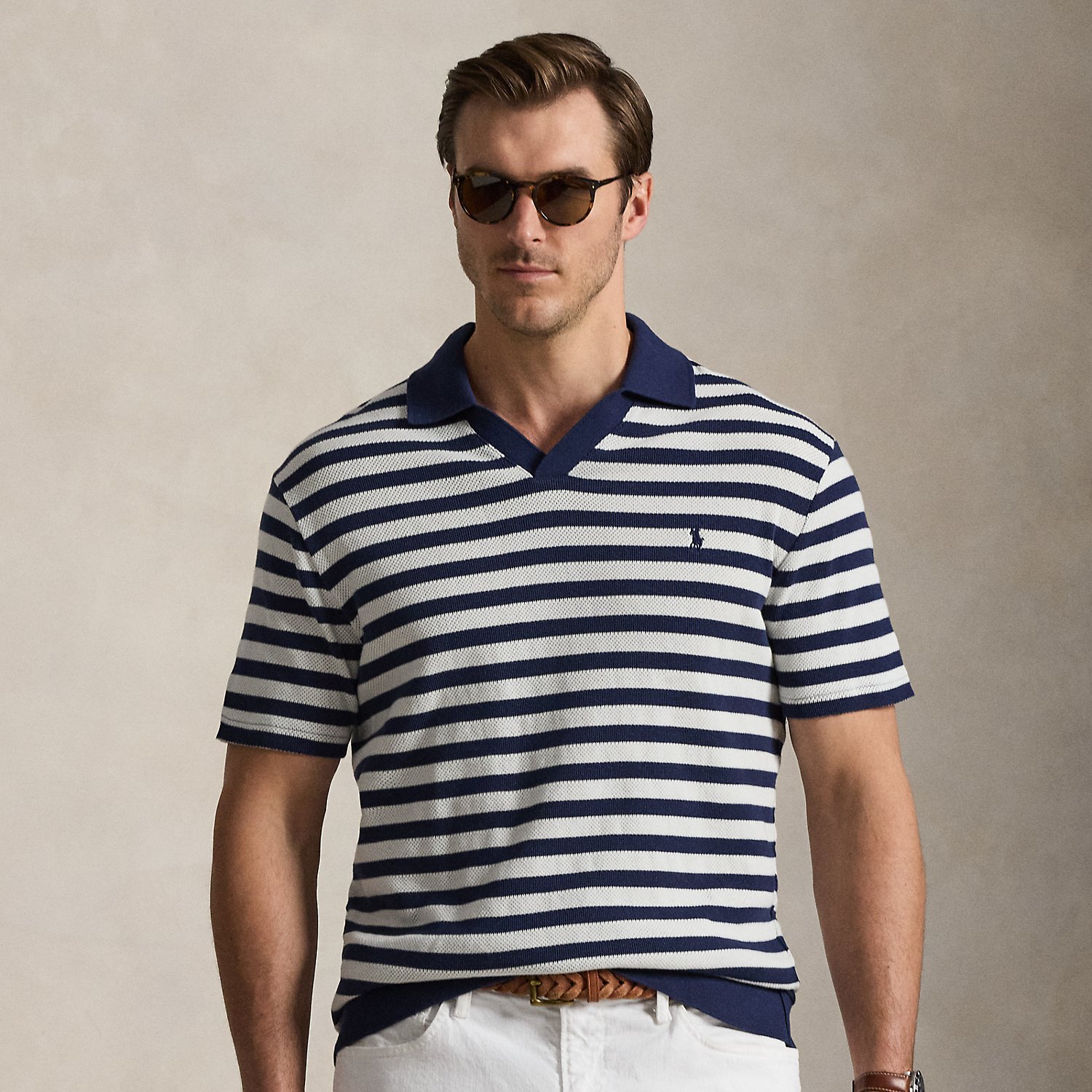 Big & Tall - Striped Pointelle-Ribbed Polo Shirt