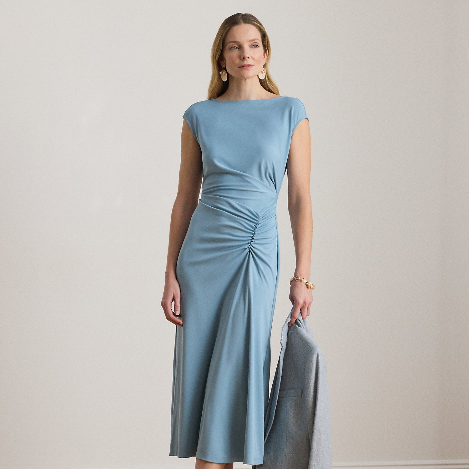Pleated Jersey Cap-Sleeve Dress