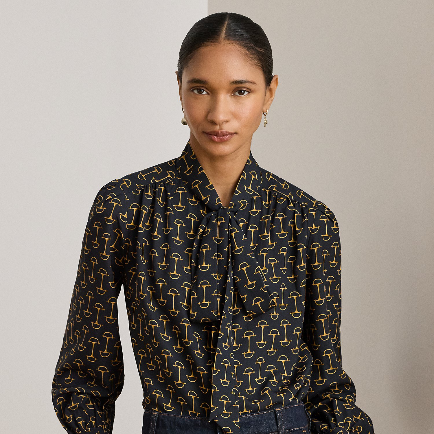 Geo-Print Crepe Tie-Neck Blouse