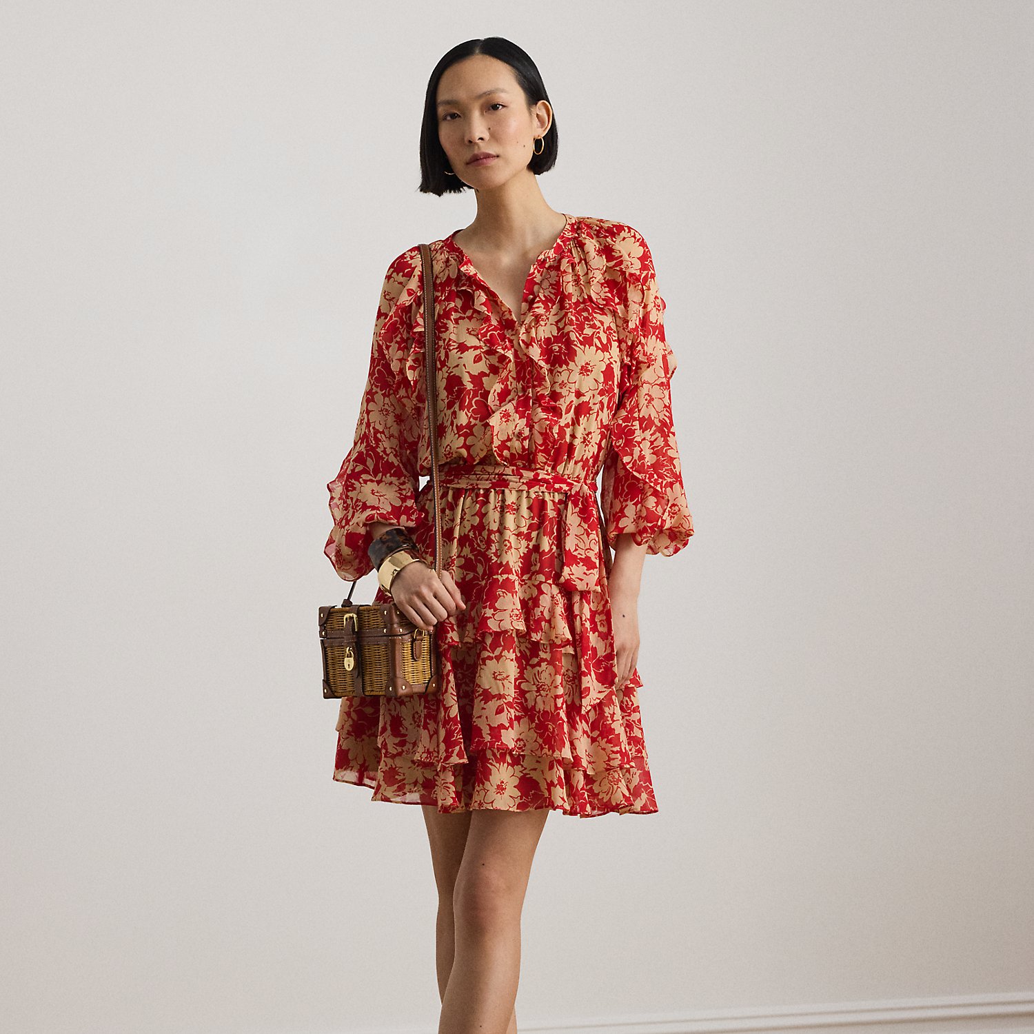 Ruffle-Trim Print Georgette Tiered Dress