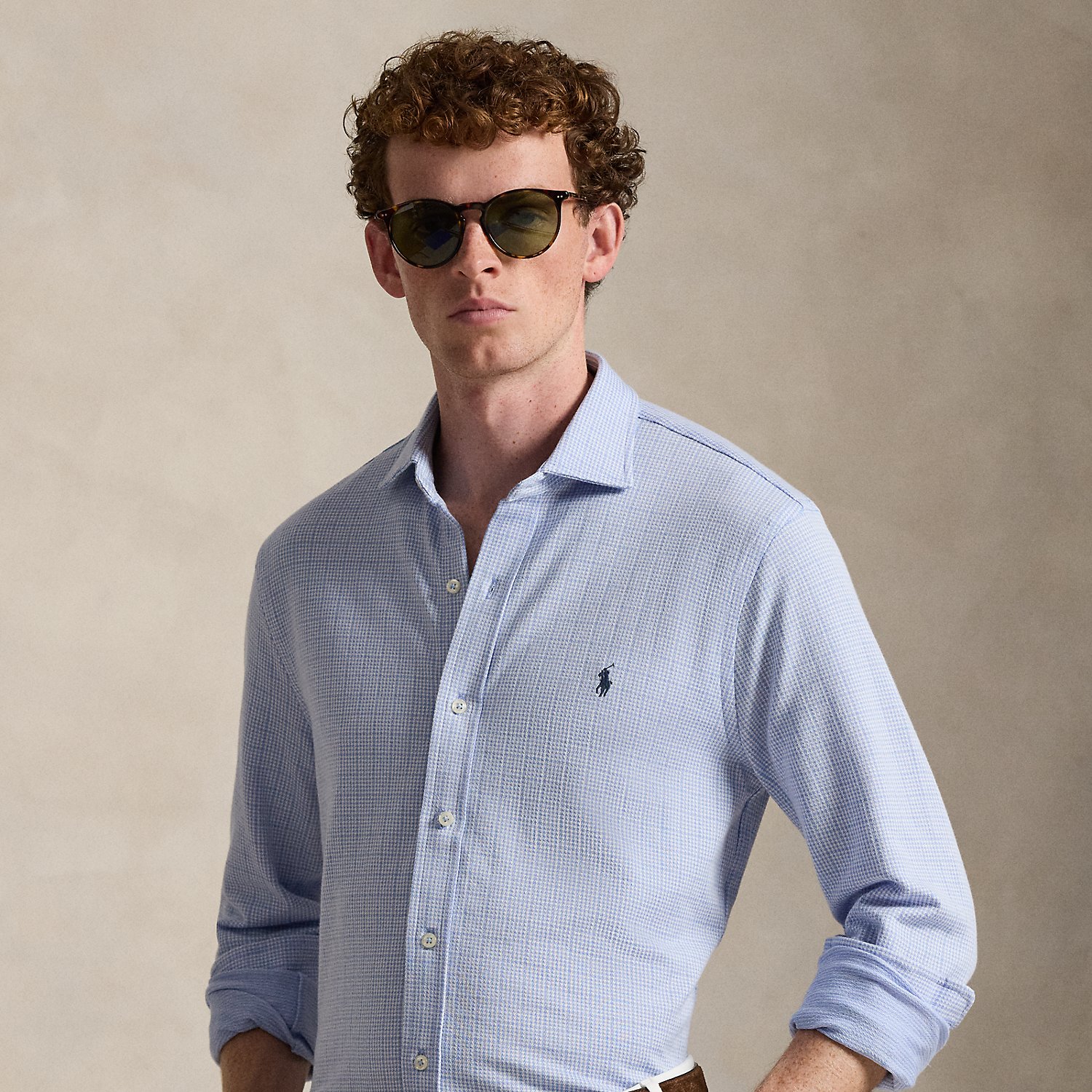 Plaid Jersey Spread-Collar Shirt