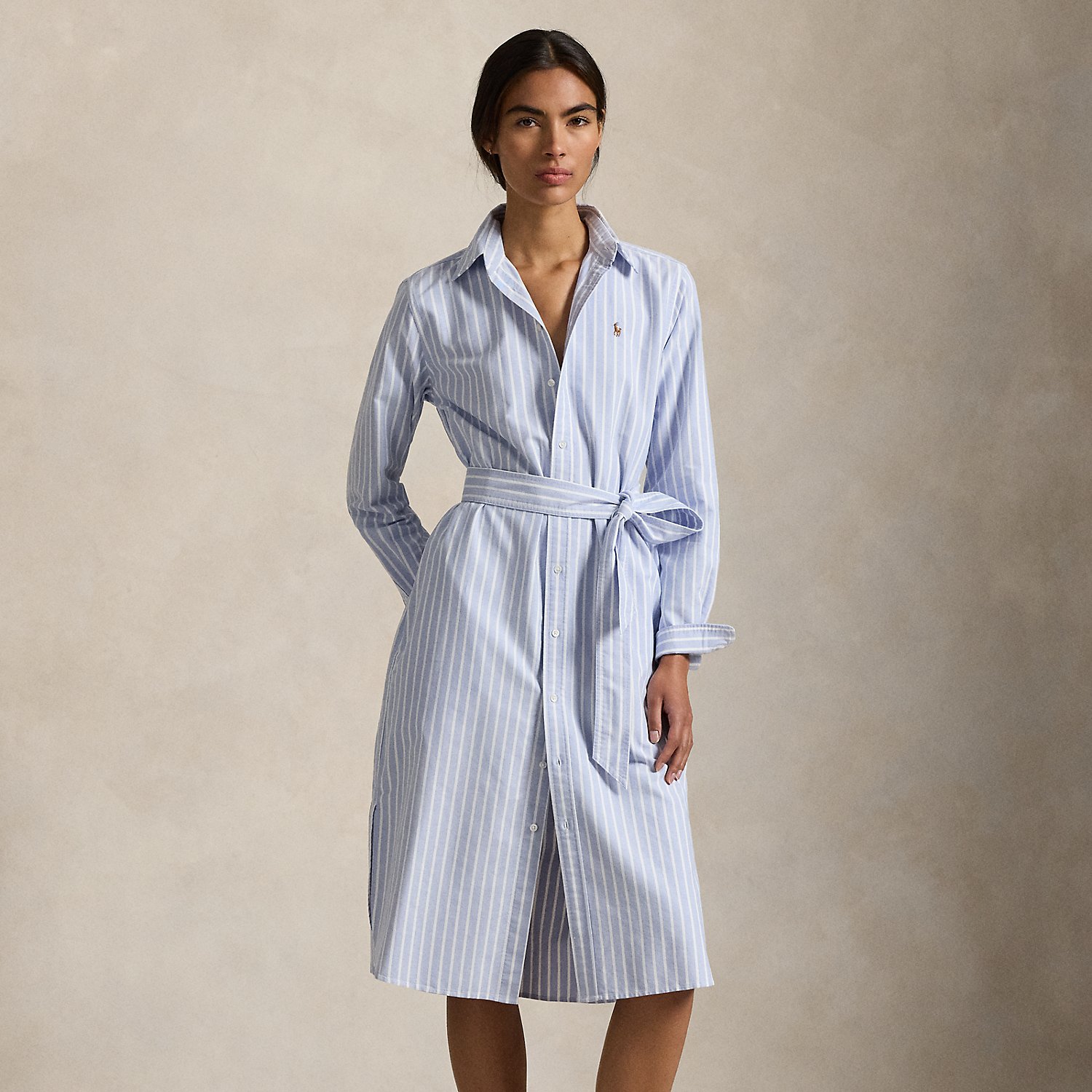 Striped Cotton Oxford Belted Shirtdress