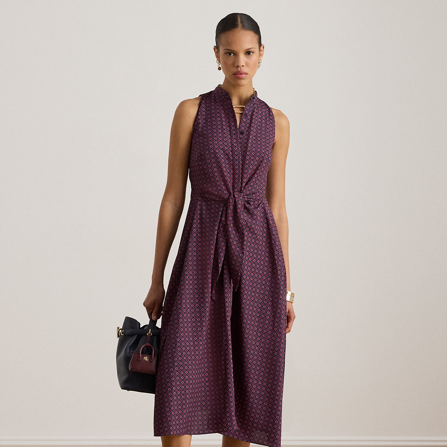 Print Tie-Front Crepe Sleeveless Dress