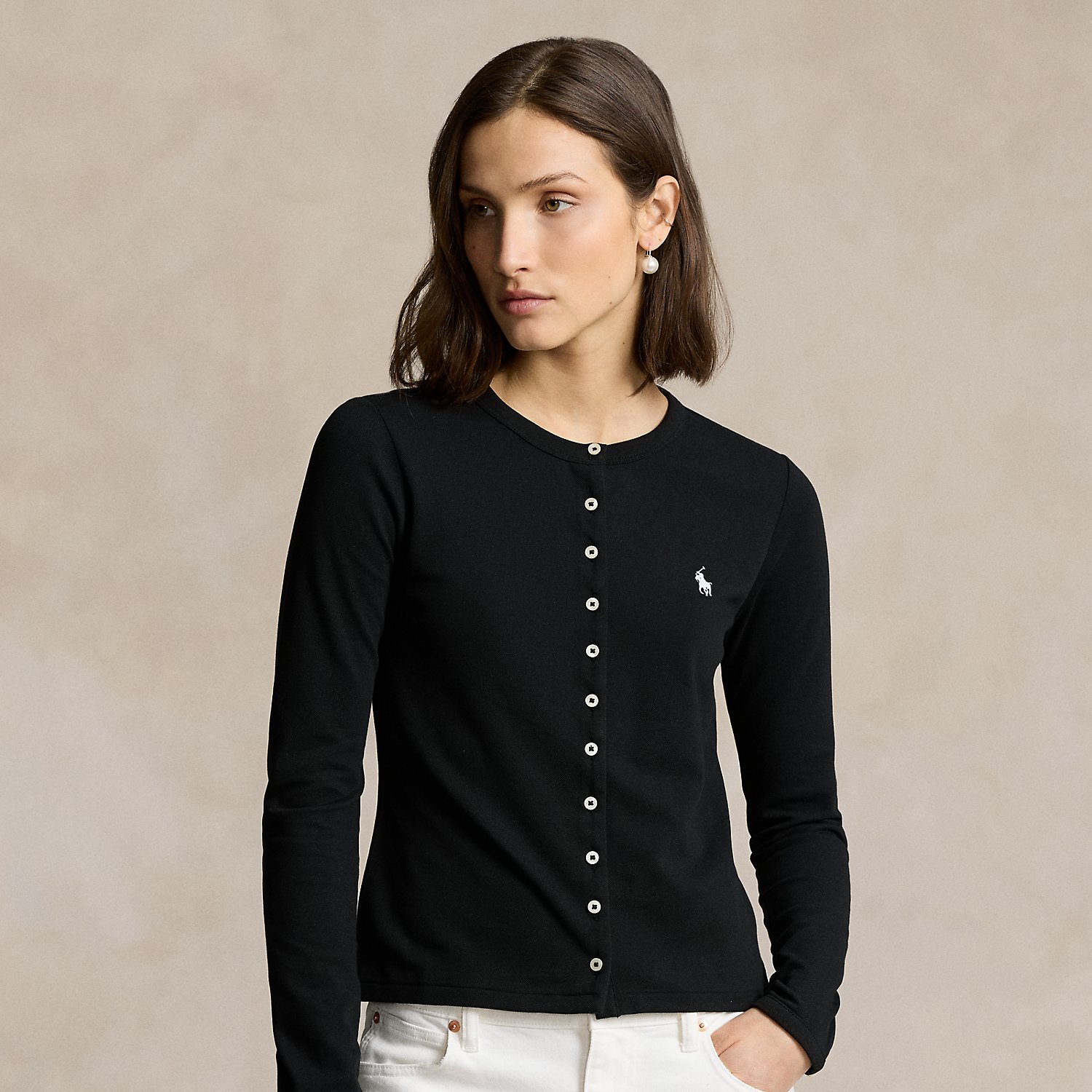 Stretch Mesh Cotton Crewneck Cardigan