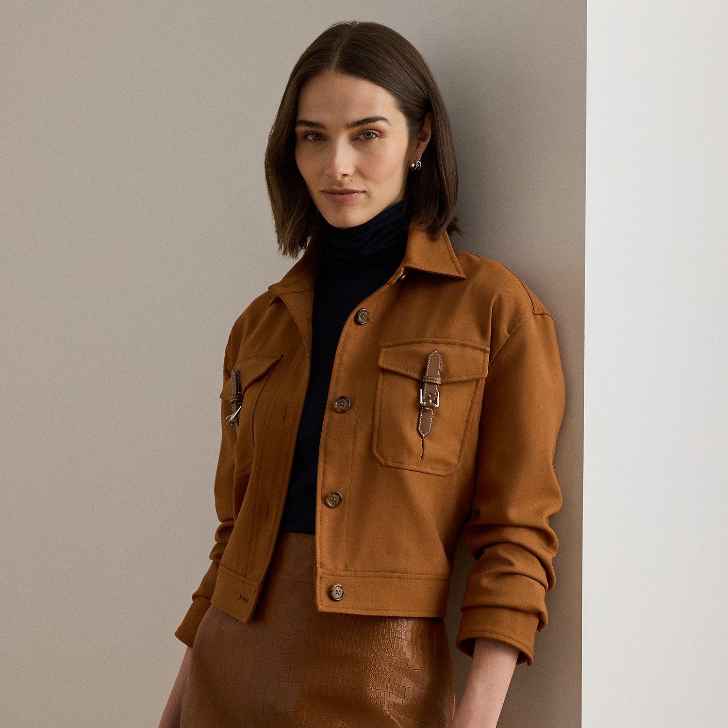 Buckle-Trim Serge Cropped Jacket