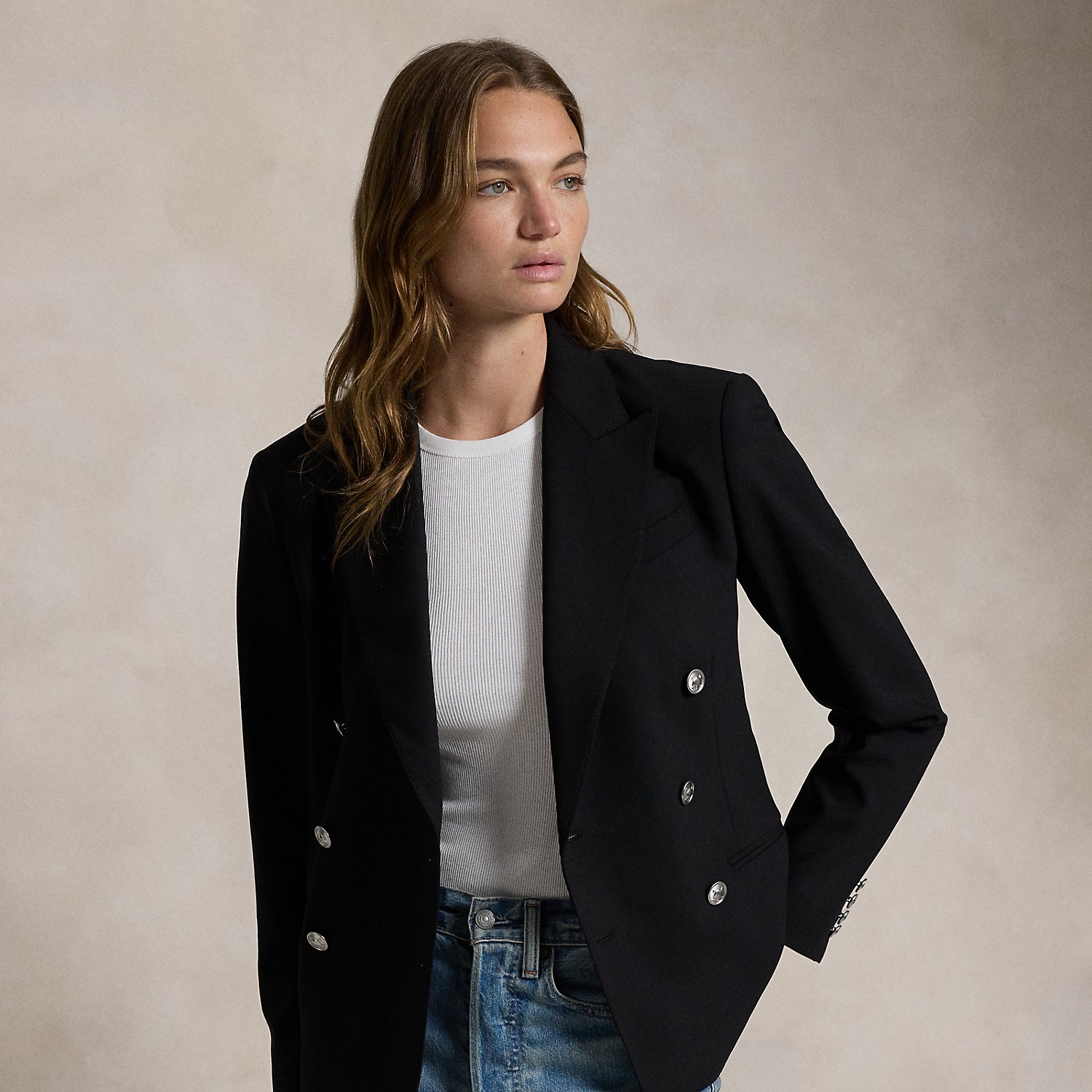 Double-Breasted Stretch-Wool Crop Blazer