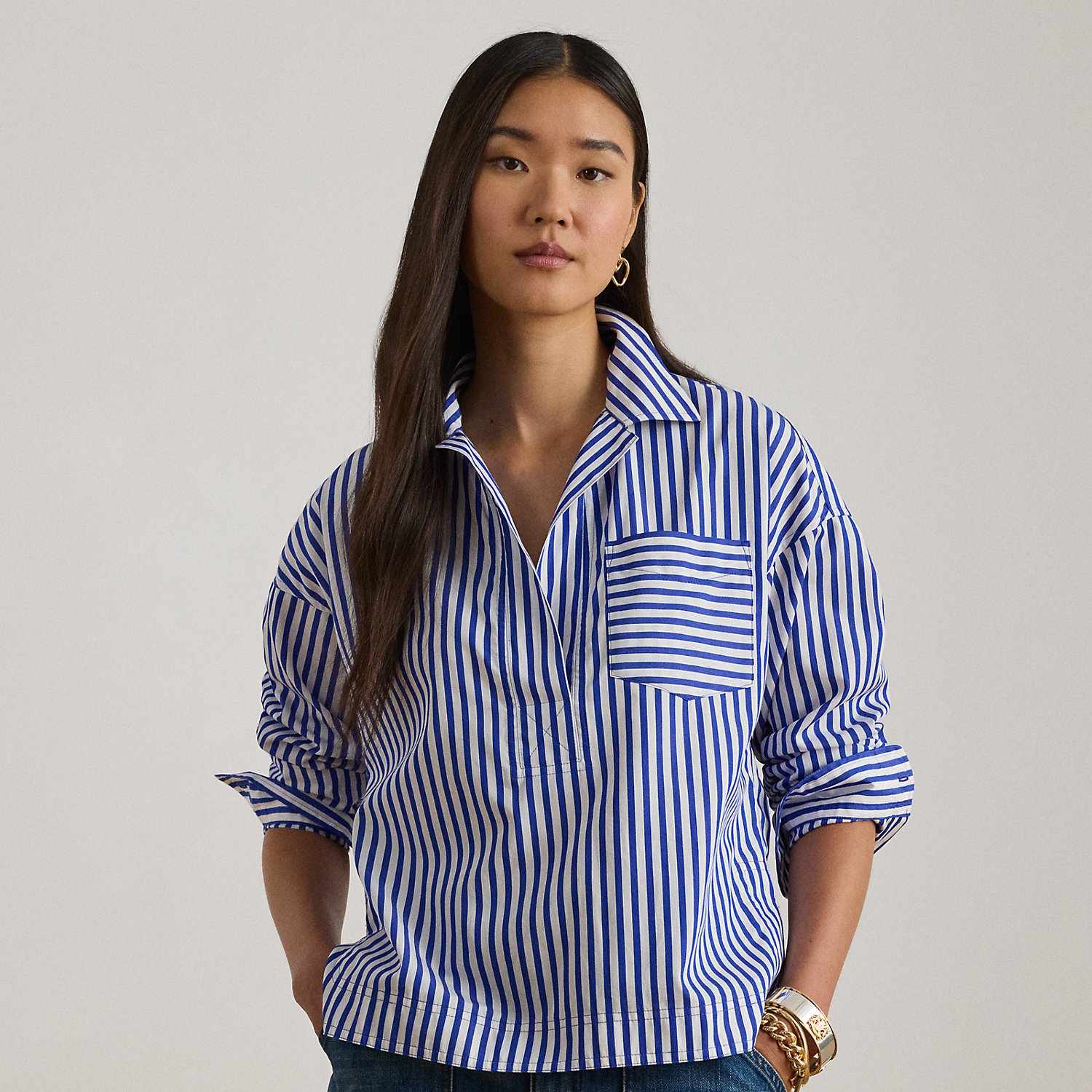 Striped Cotton Broadcloth Cropped Shirt