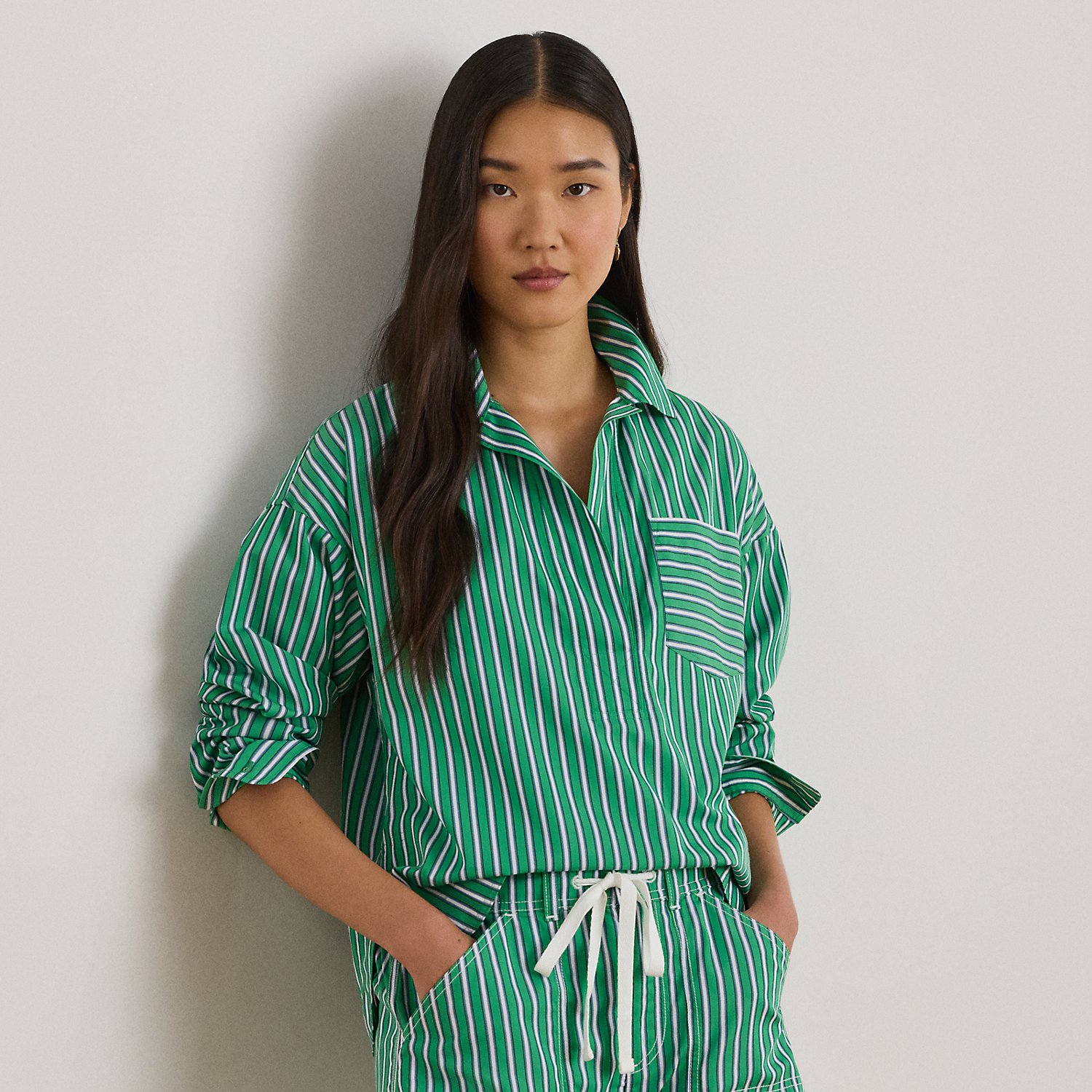 Striped Cotton Broadcloth Cropped Shirt