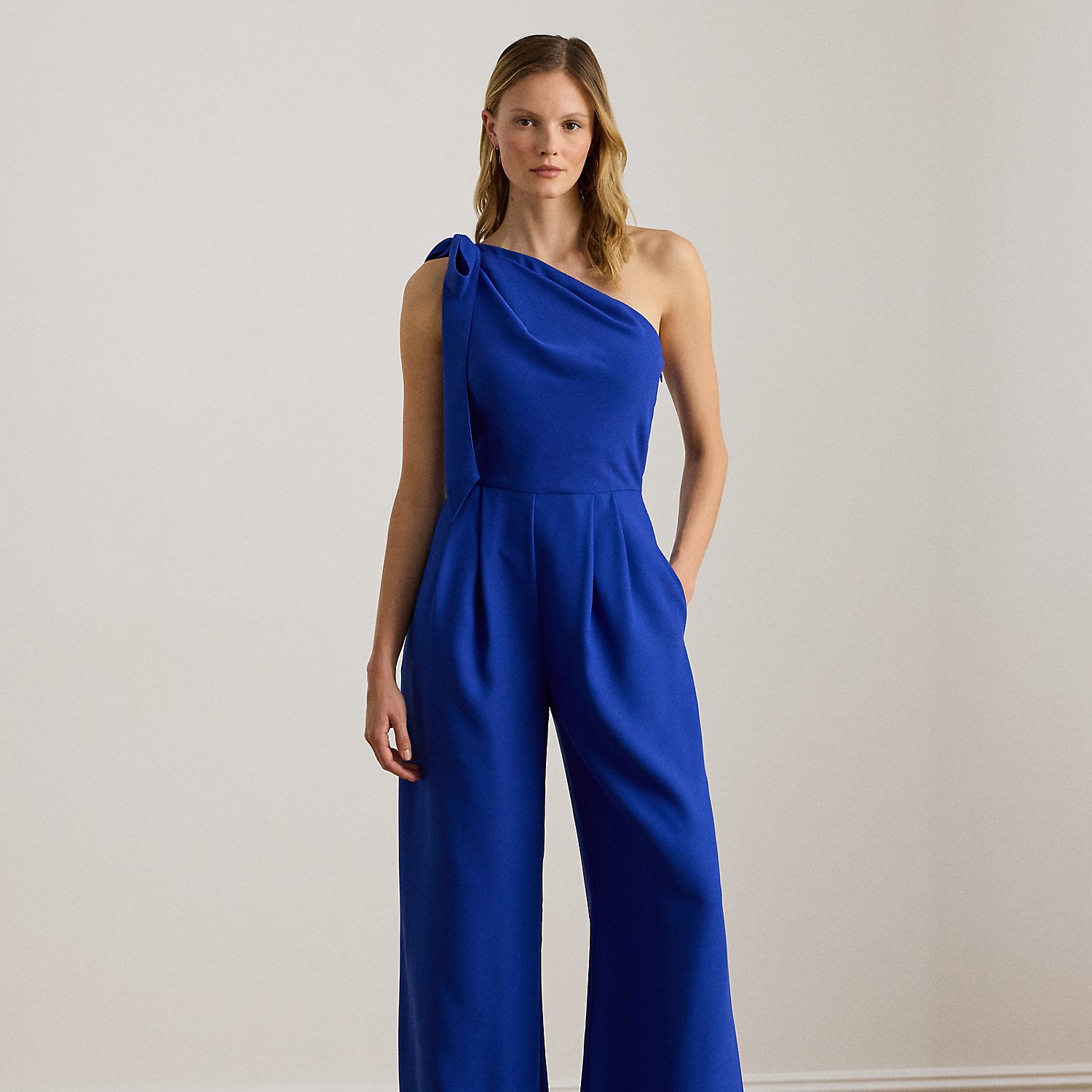 Bow-Trim Crepe One-Shoulder Jumpsuit