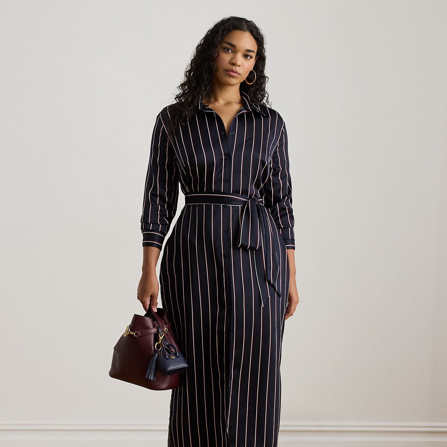 Curve - Striped Satin Charmeuse Shirtdress